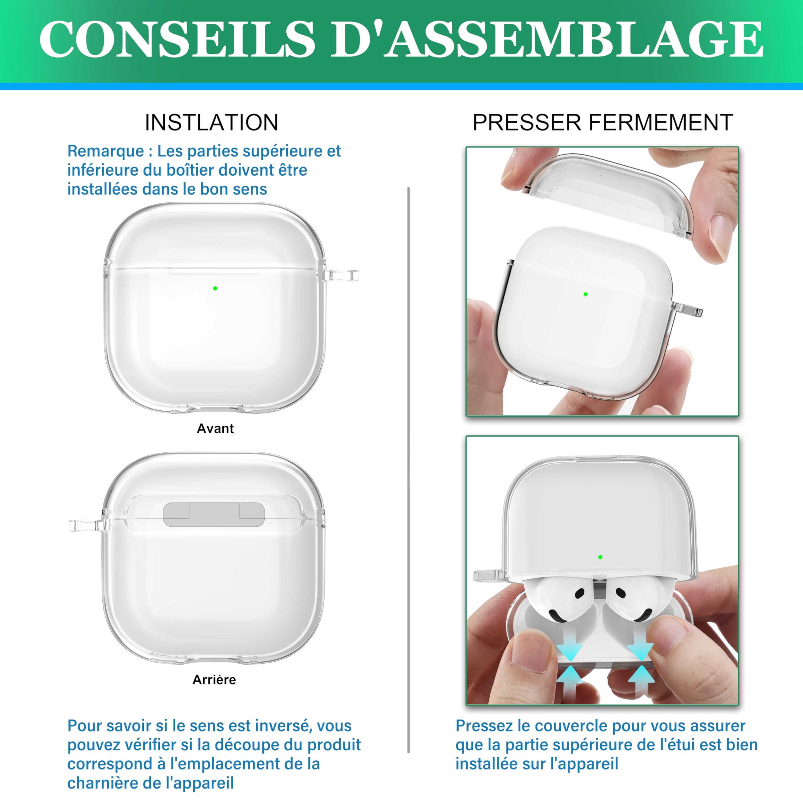 Coque AirPods 4 2024 TPU Transparent Anti-jaunissement avec Kit de Nettoyage Boucle Ronde Blanc