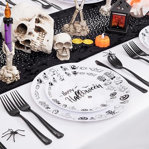 Miniatura 6 de YOUBET 60 platos de Halloween, platos de plástico de Feliz Halloween, platos desechables blancos y negros, 30 platos de cena, 30 platos de postre,