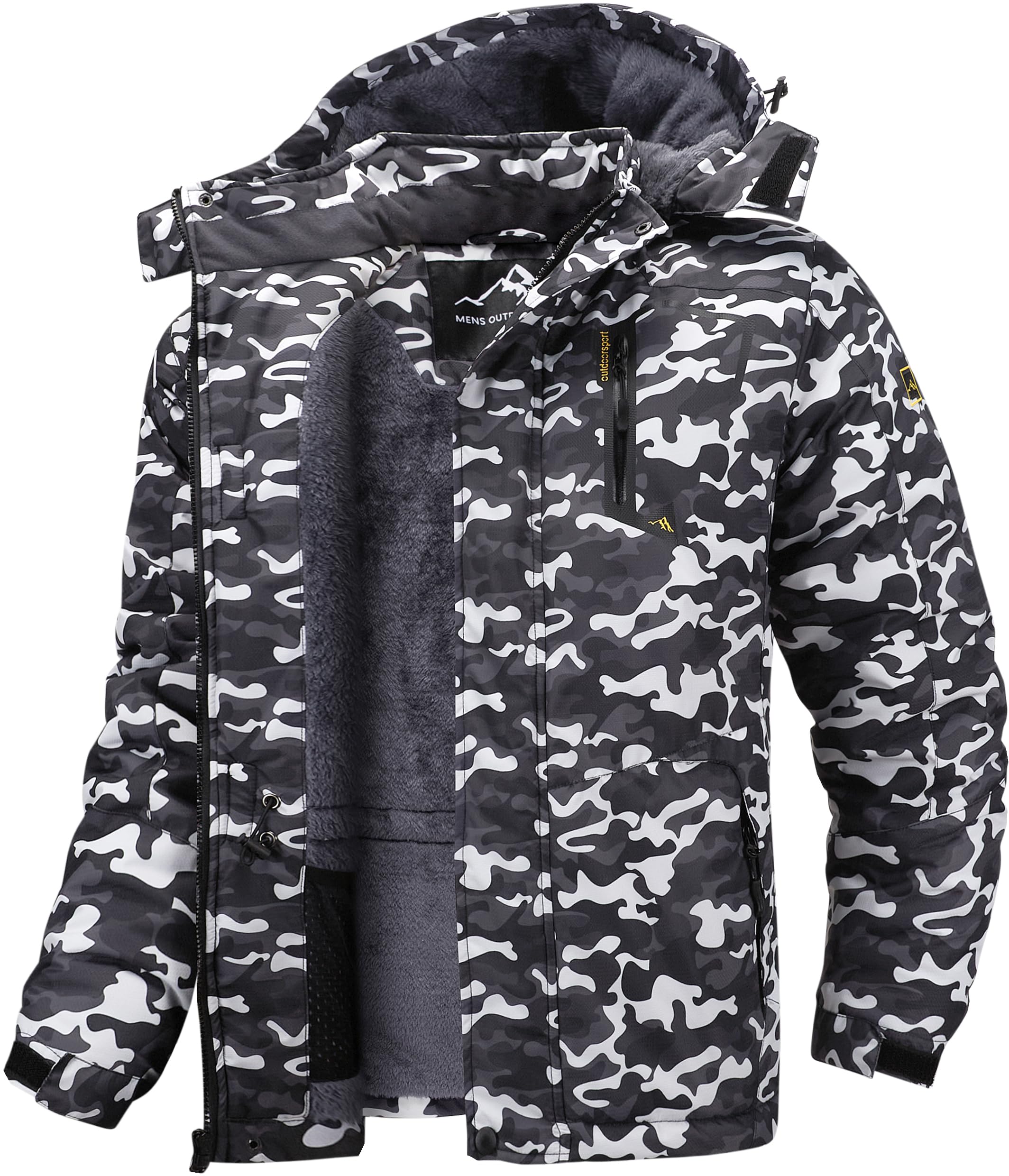 Tansozer Herren Wind- und Wasserdichte Winterjacke Warme Skijacke Gefütterte Outdoorjacke mit Abnehmbarer Kapuze (Camouflage Schwarz, L)