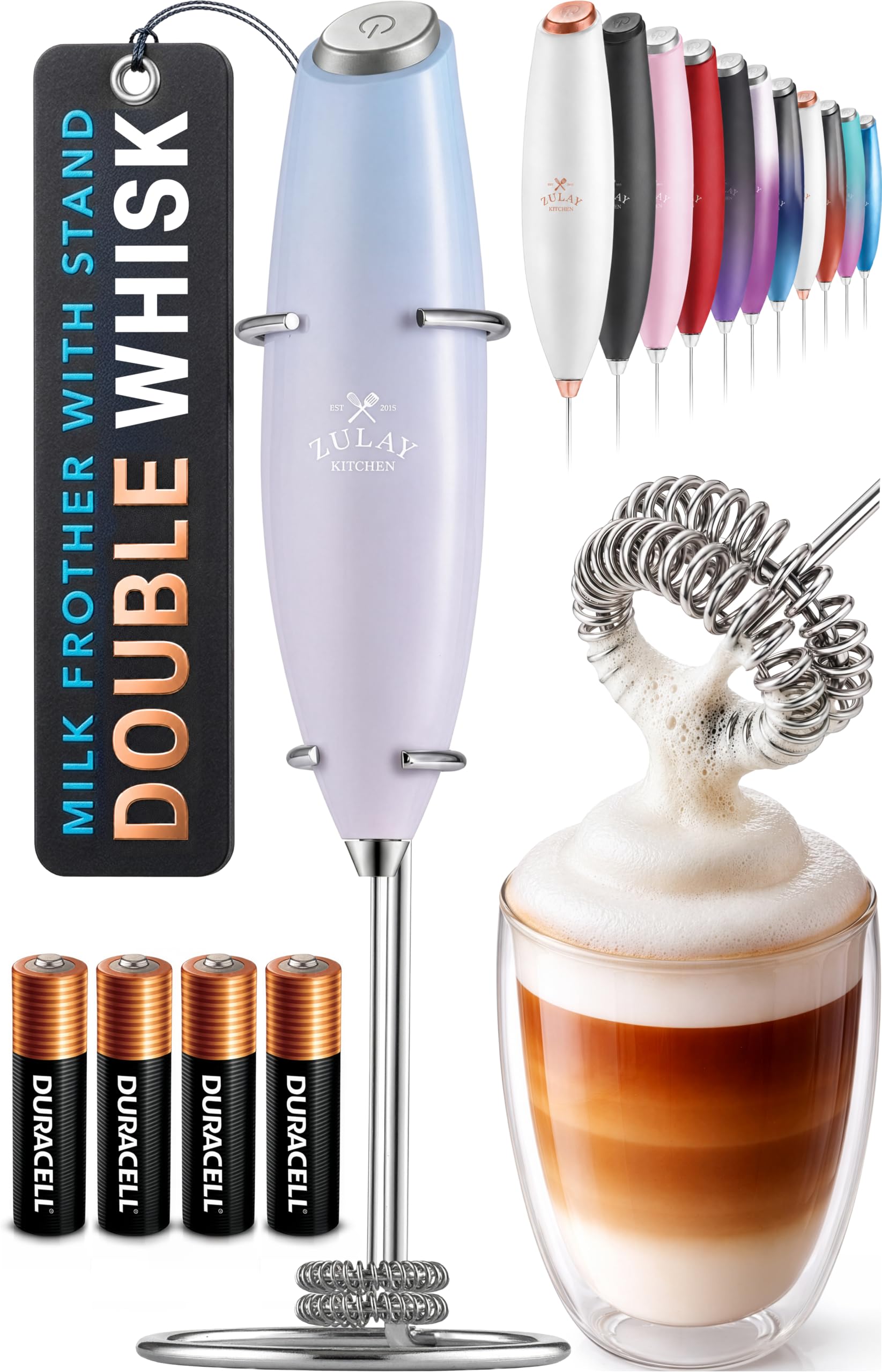 Zulay Kitchen Powerful Milk Frother Wand With Duracell Batteries - Ultra Fast Handheld Drink Mixer - Electric Whisk Foam Maker for Coffee, Lattes, Cappuccino &amp; Matcha - Double Whisk - Cloud