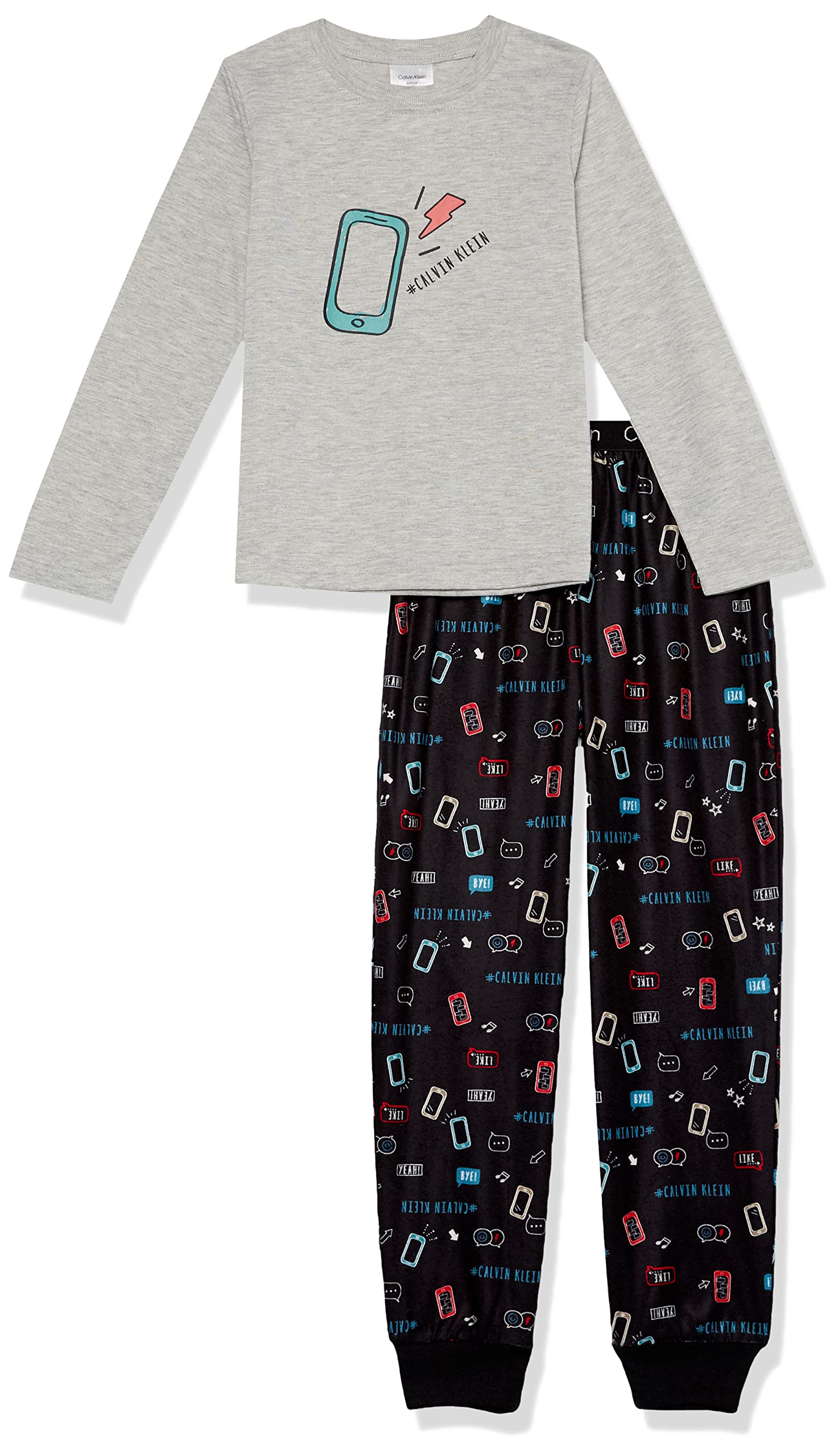 Calvin KleinBoys' Long Sleeve Tee & Plaid Jogger Pajama Set