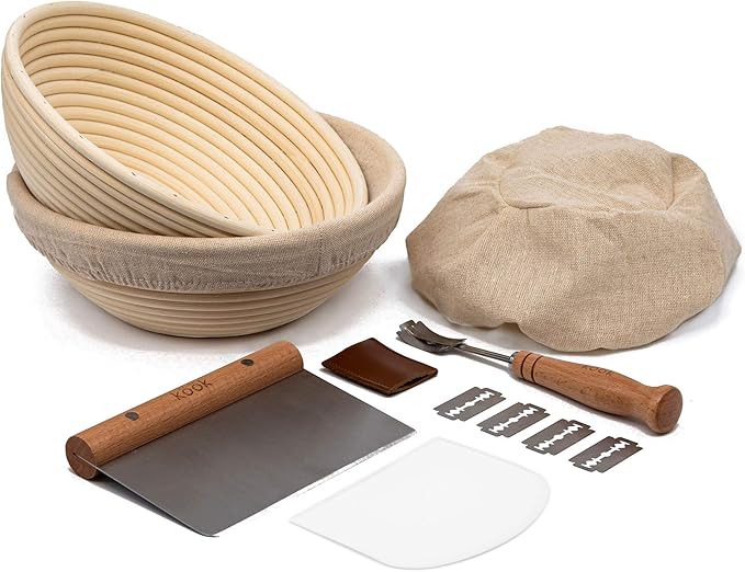 Proofing Set, by Kook, Sourdough Bread, 2 Rattan 9 Inch Banneton Baskets, 2 Basket Covers, Metal Scraper, Plastic Scraper, Scoring Lame, 5 Blades and Case, Baking Kit, Dough Bowls, Round Shape