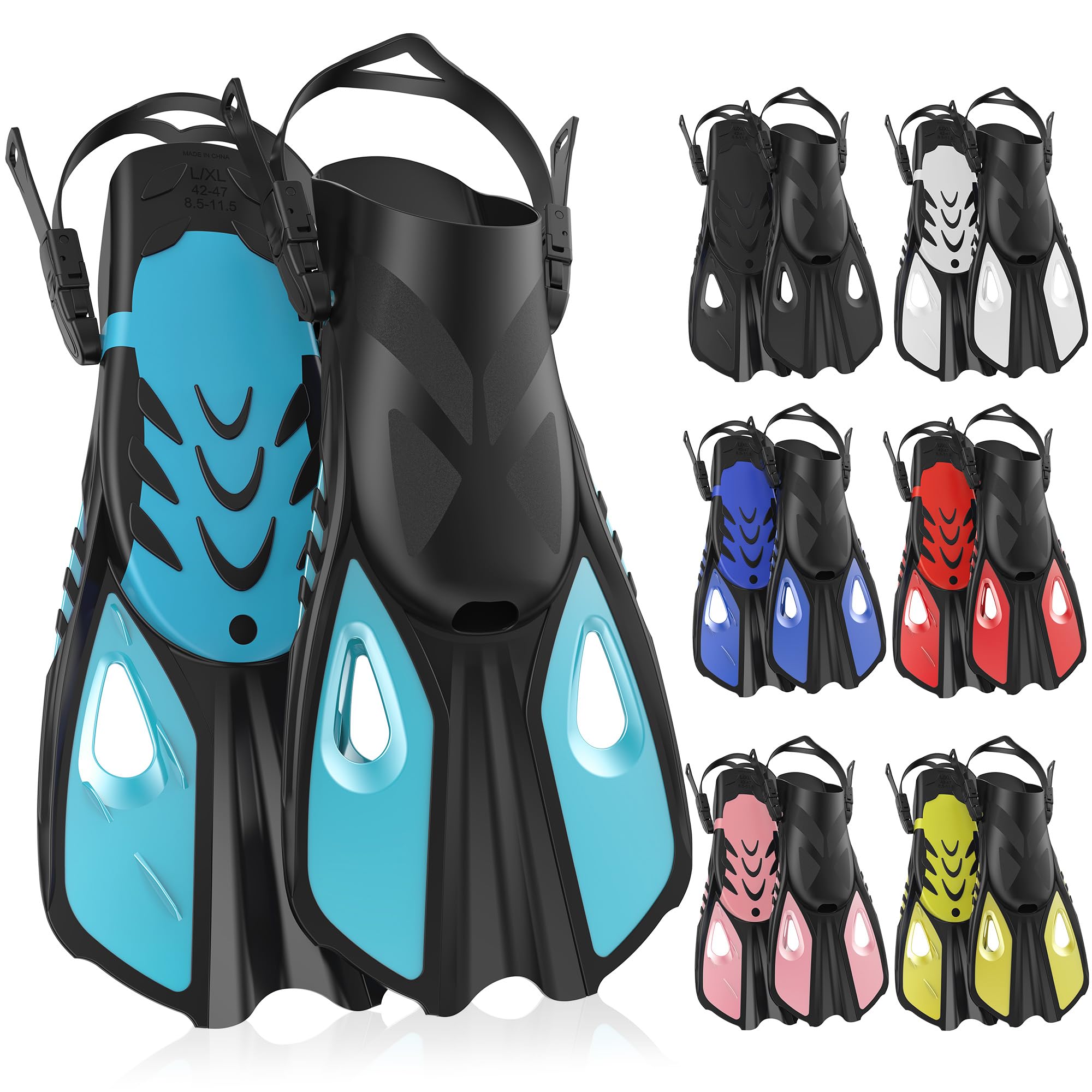 Snorkel Fins, Swim Fins Travel Size Short Adjustable for Snorkeling Diving Adult Men Women Open Heel Swimming Flippers (Green, S/M (UK 3.5โ7.5 / US 4.5โ8.5 / EU 36โ42))