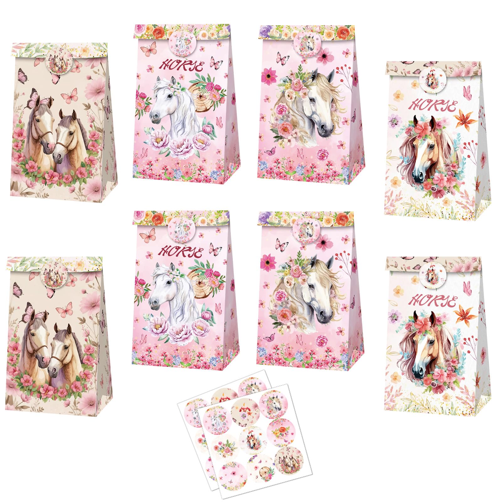 MORAINJAY 12 Pcs Horse Paper Goodie Bags, RosePony Gift Treat Paper Bags, Horse Theme Party Favour, Boys Girls and kids Birthday Party Supplies (18 Stickers) — image 1