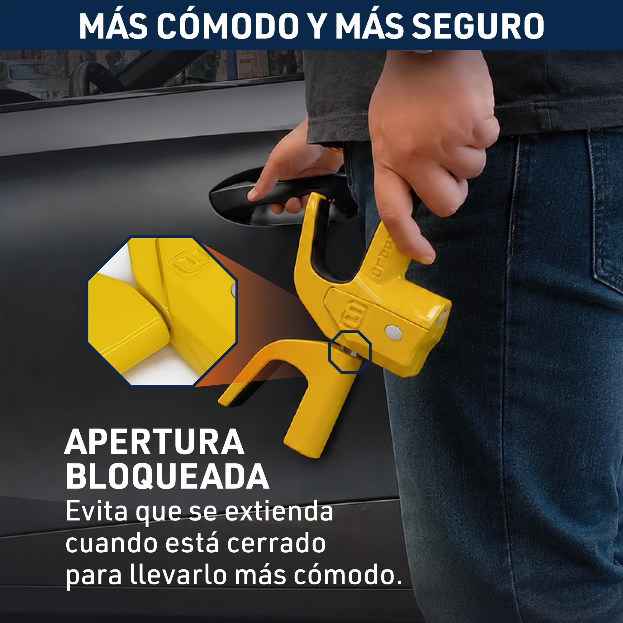 URBAN UR978Y Antirrobo Coche Doble Seguridad, Barra Volante Sin/Con Alarma Hi-Tech 120dB+LED Más Seguro y Visible, Bloqueo Automático, Patentado, Cepo Coche Universal Auto SUV Camper Autocaravana