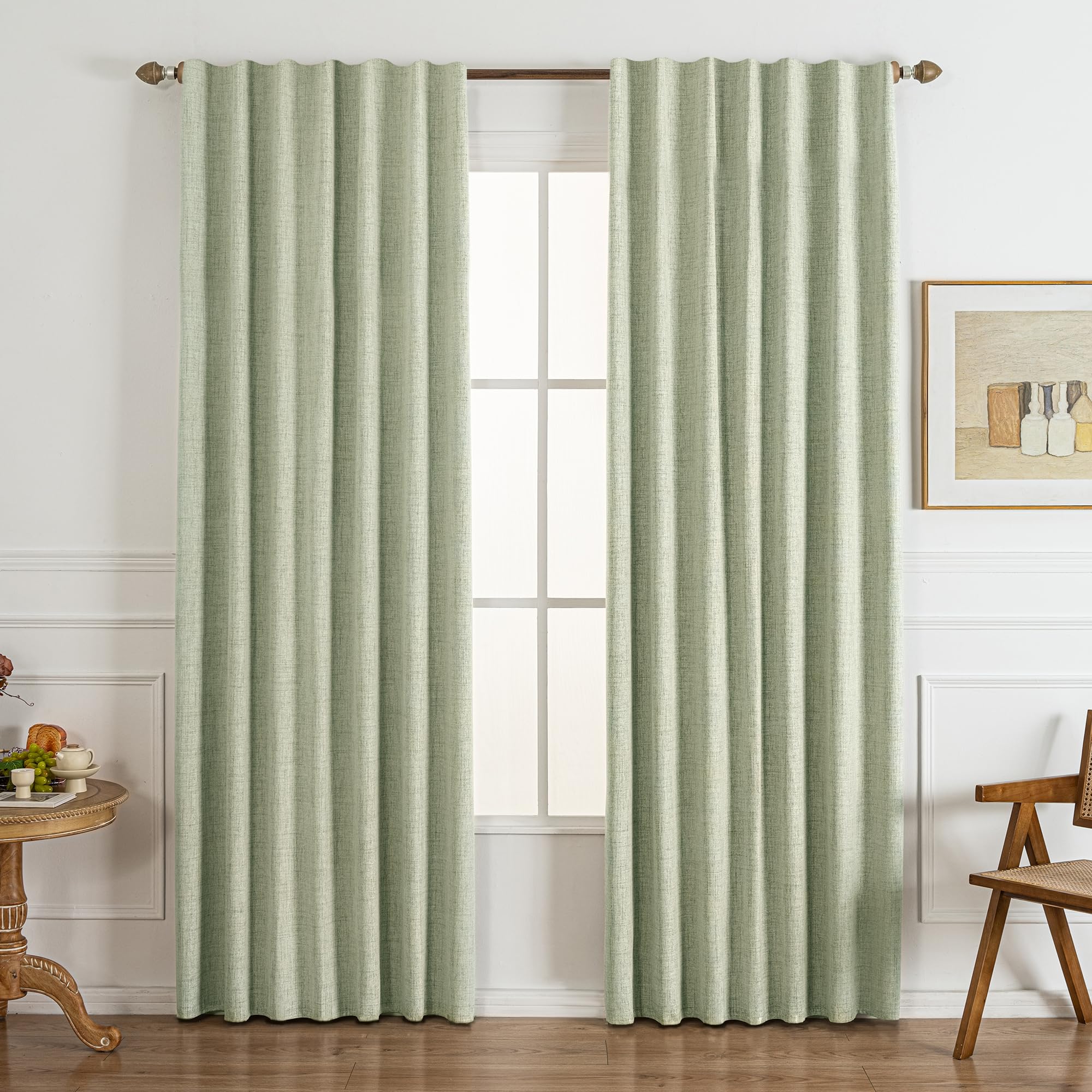 Blackout Curtains 84 Inch 2 Panels - 100% Light Blocking Thermal Insulated Noise Reducing, Linen Blend Hooked Pleat, Boho Farmhouse Style Drapes for Bedroom Living Room (Light Green)