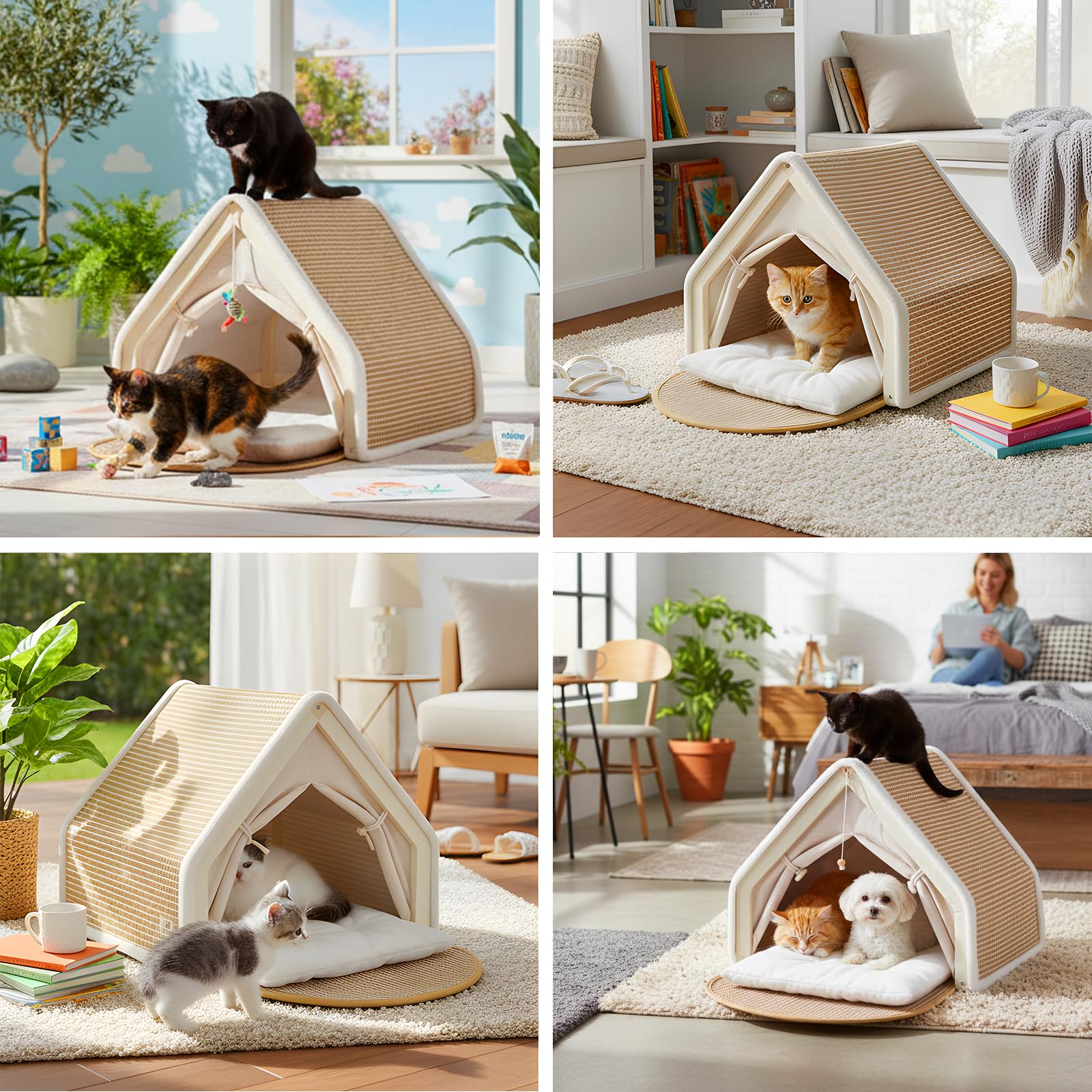 Tenda Per Gatti, Tana In Sisal Tenda Per 1-2 Gatti E Tiragraffi 2 In 1 In Legno Per Interni Con Cuscino E Tetto Lavabili 50 X 40 X 40 Cm Cuccia Accessori Per La Stanza Degli Animali