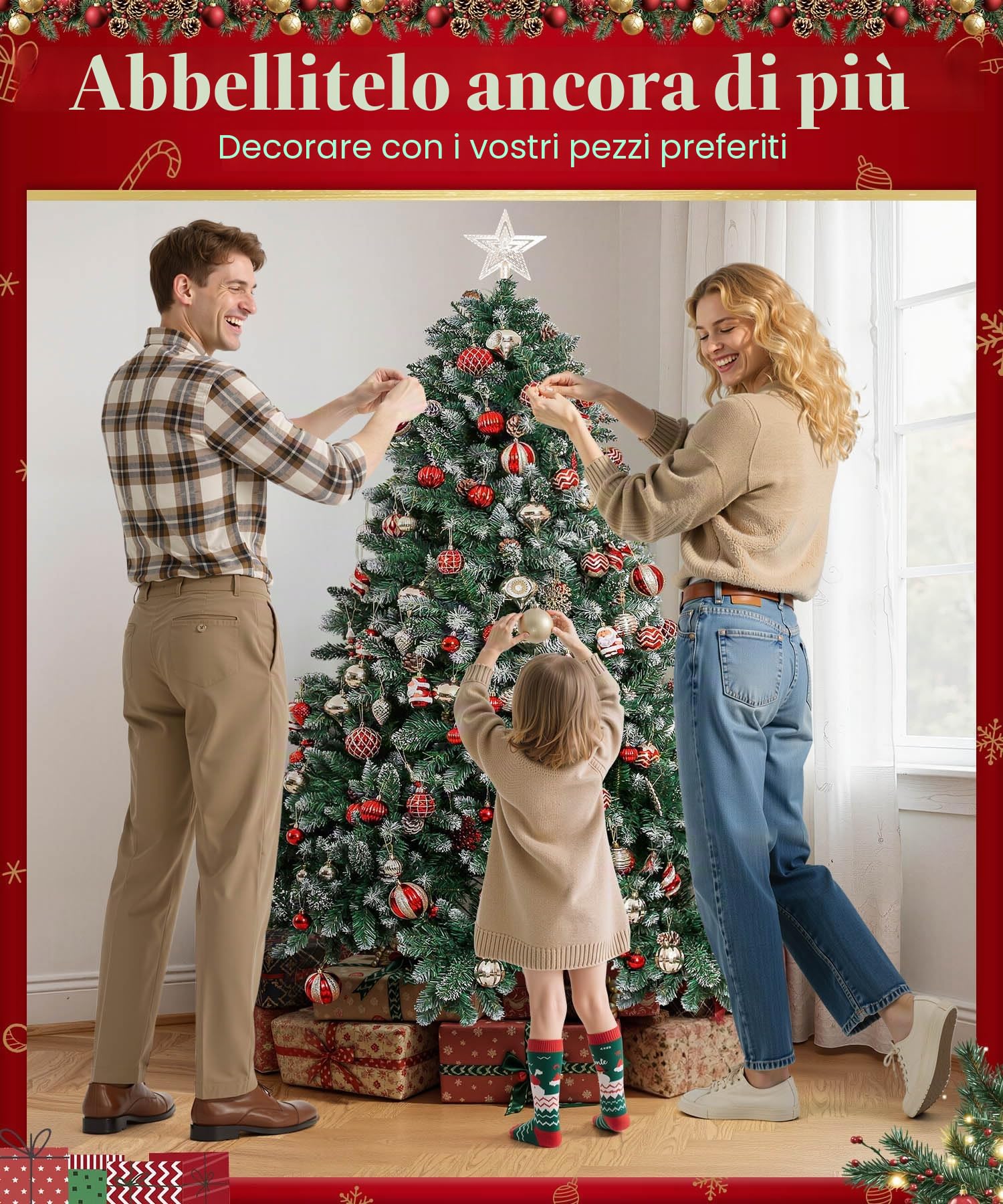 Yorbay Albero di Natale, Pino artificiale ricoperto da neve e decorato da pigne, Materiale PVC e PP e Ferro, Dimensione da 120 cm a 240 cm (180 cm) Riutilizzabile