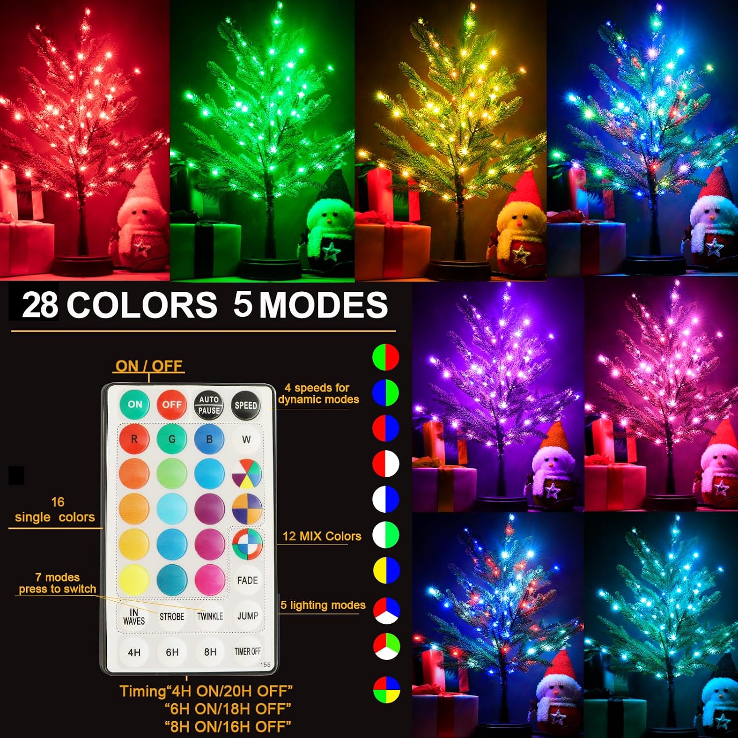 Pooqla RGB Lighted Mini Christmas Tree, Color Changing Tabletop LED Xmas Tree with Remote, 28 Colors 80 LED Pre-lit Artificial Small Tree with Hanging Ball Ornaments Home Party Christmas Decoration