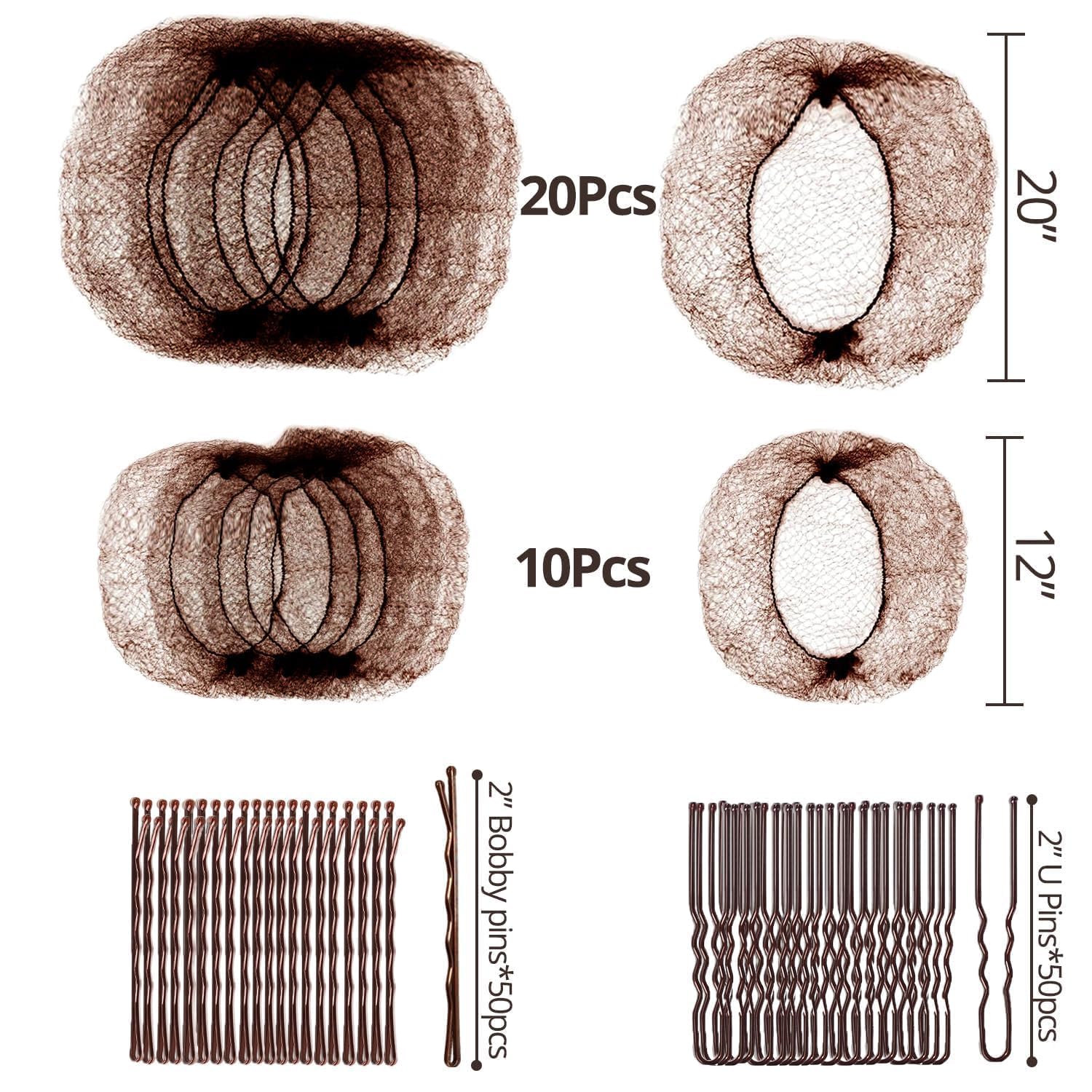 130 Stück Haarknoten-Zubehör, 30 Stück unsichtbare Haarnetze für Dutt (50,8 cm und 30,5 cm), Tanzhaarnetze für Ballettmädchen/Frauen, sicher und natürlich, 100 Stück Haarknoten, 5,1 cm