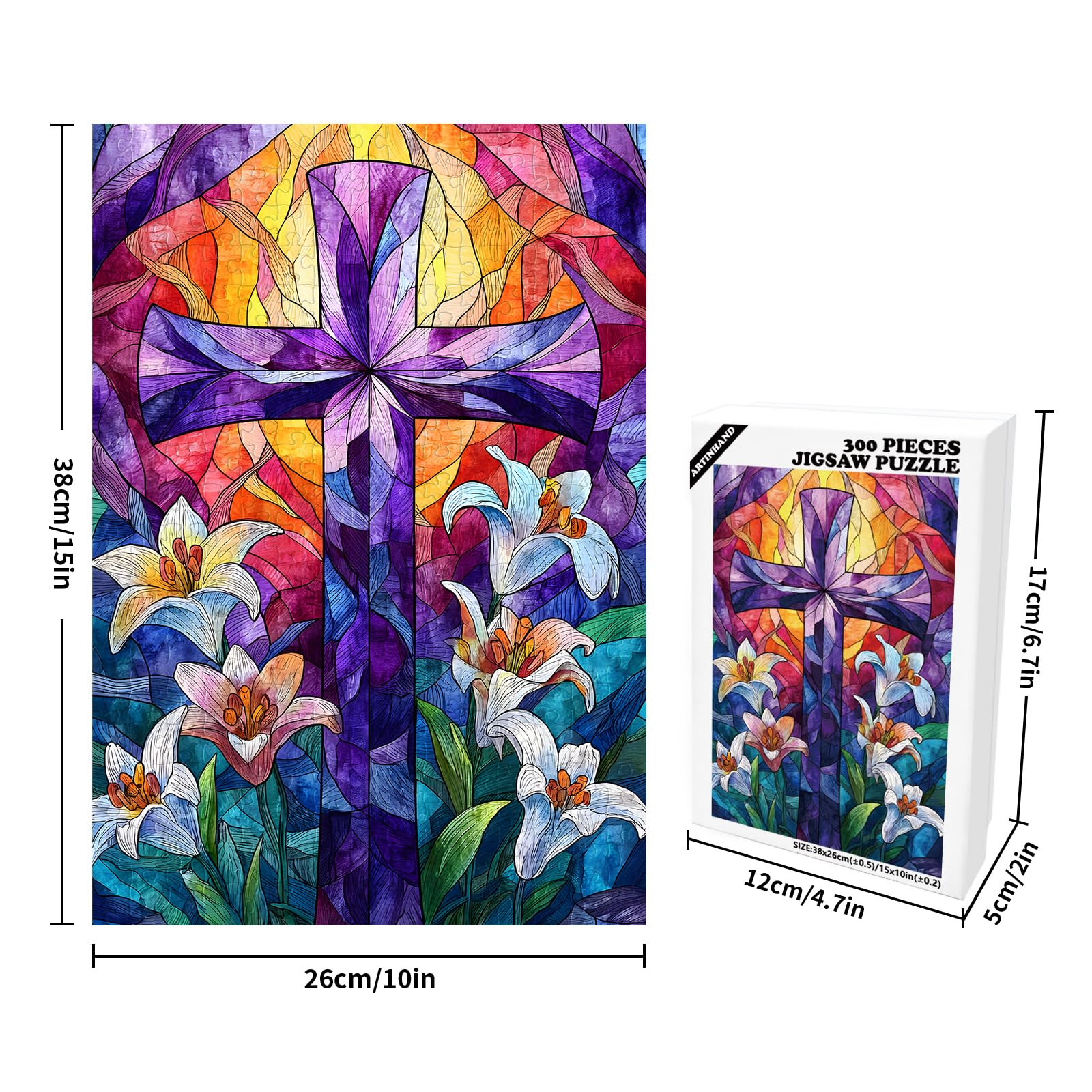 Great Jigsaw Puzzles for Adults 300 Pieces Stained Glass Cross Lily Challenging Puzzles for Adults Gift for Friends Family Home Decoration Puzzle - Image 2