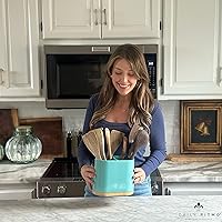 Vista 5 de DAILY RITMO® Soporte ovalado grande para utensilios turquesa Aqua con base de bambú y divisor