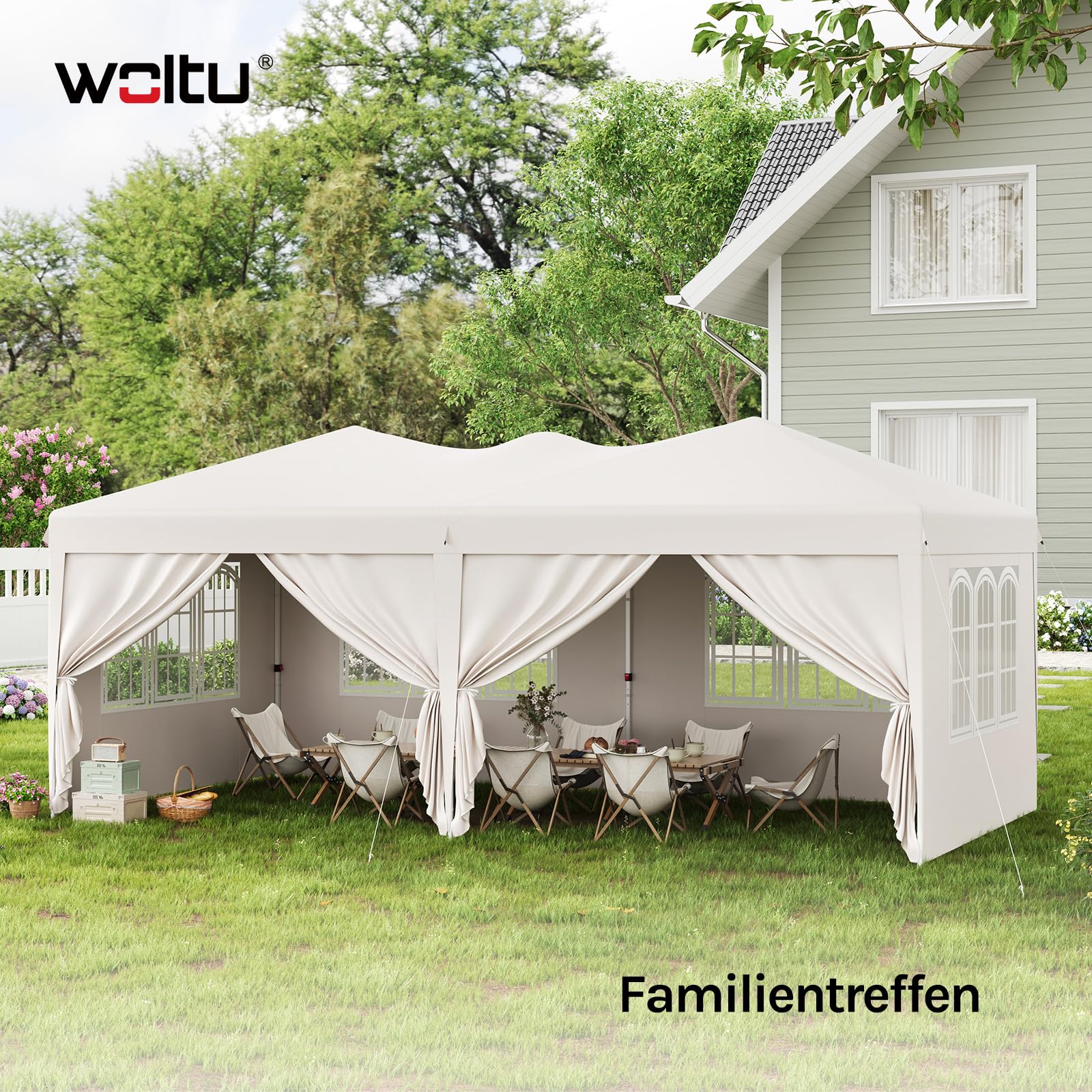 WOLTU Pavillon, mit 6 Seitenwänden, Faltpavillon 3x6 Pop Up, höhenverstellbarer wetterfest, mit Tragetasche UV-Schutz, für Outdoor Party Garten Camping, Beige