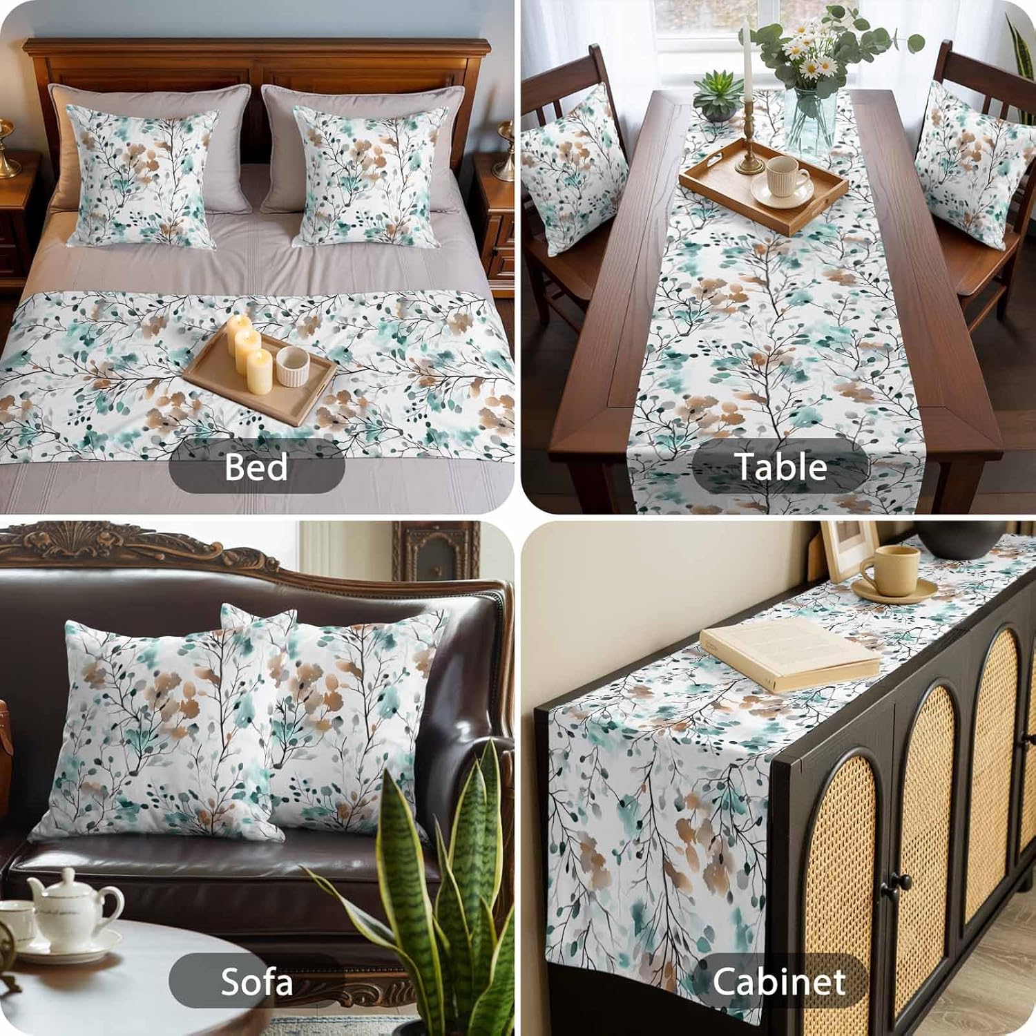 Bed Runner for Queen Size Beds,Abstract Aqua Brown Leaves Decorative Bed Runners and 2 Pillow Covers Set,Watercolor Spring Foliage Leaf Beds End Scarf Pillowcase Sets for Bedroom Hotel Decor