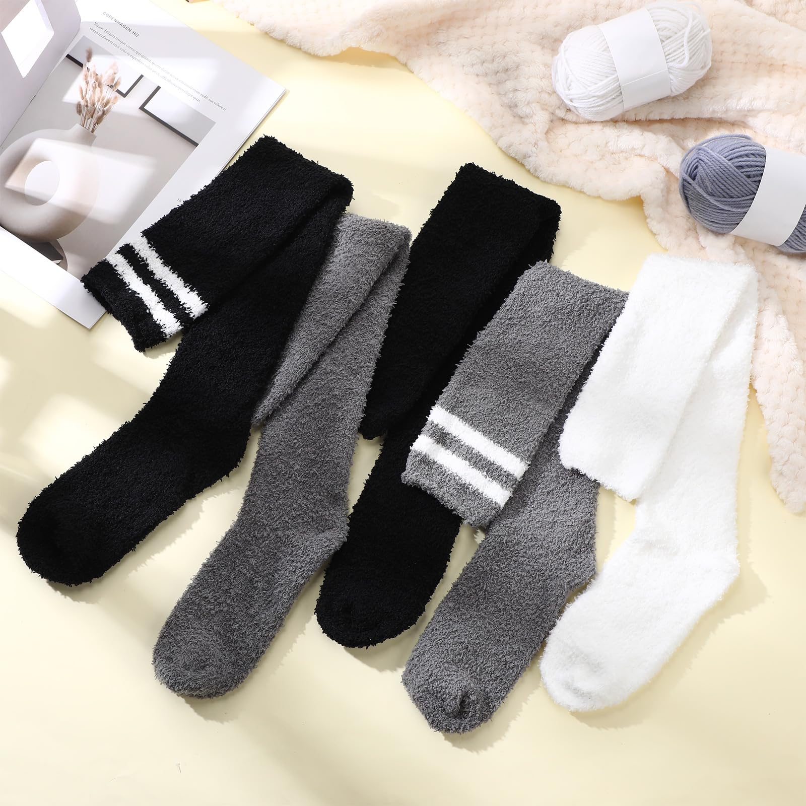Geyoga 5 pares de calcetines altos hasta el muslo para mujer, calcetines mullidos, cálidos, gruesos, cómodos, suaves, mullidos, acogedores, calcetines de felpa de invierno para mujeres y hombres, ropa