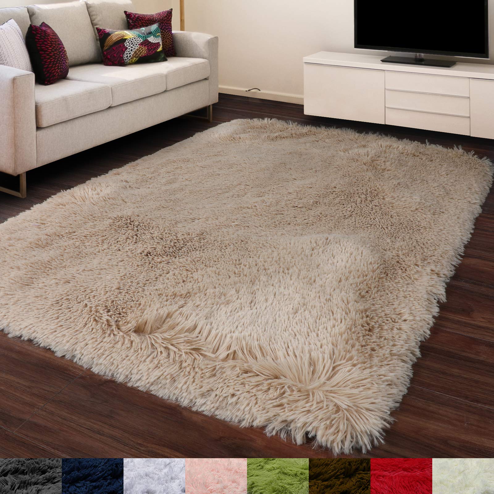Amdrebio Beige Fluffy Area Rug - 5'X7', Shaggy Plush Carpet For Bedroom, Living Room, Kids Room & Nursery