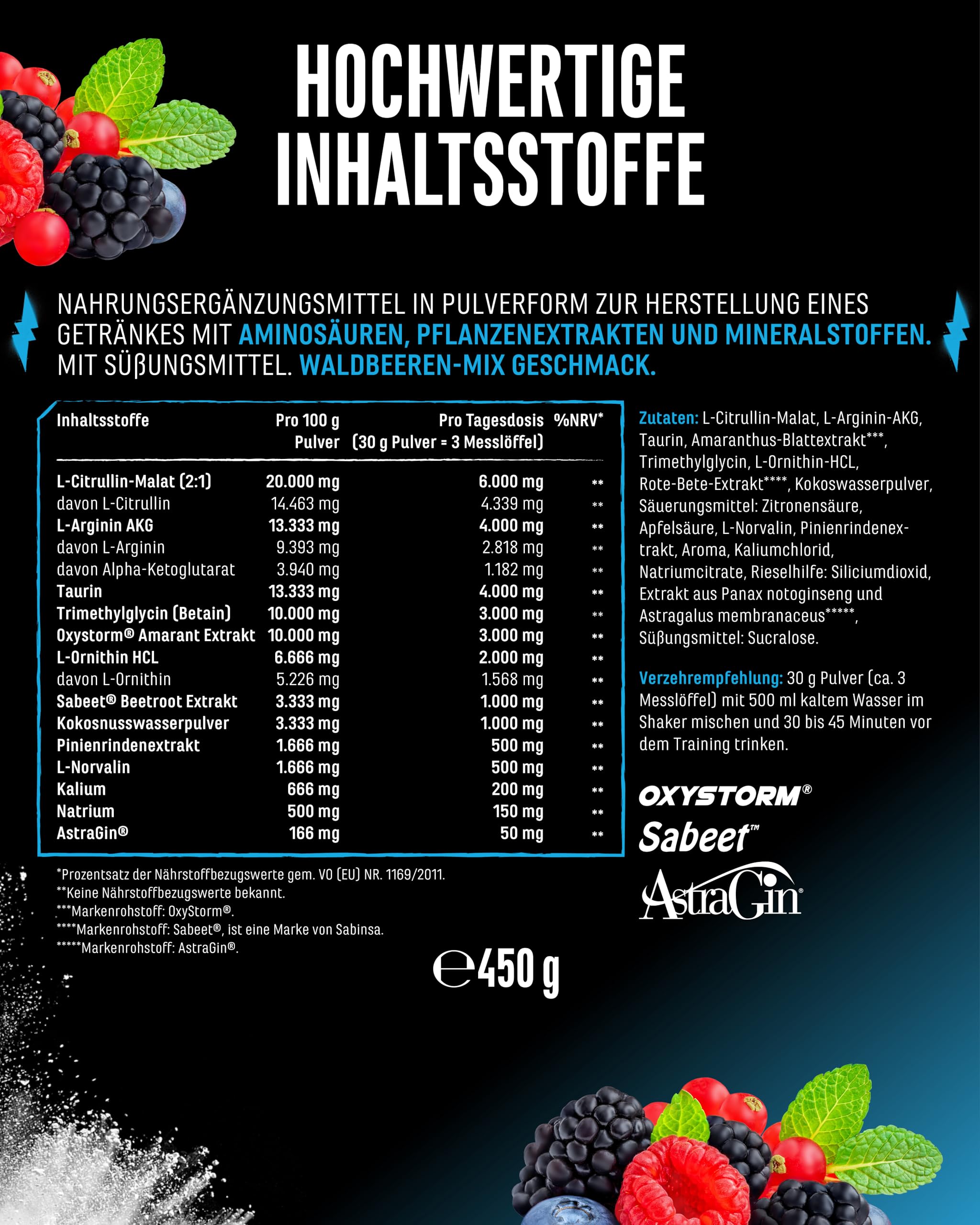 GEN GERMAN ELITE NUTRITION Pump it to the Limit - 450 g | Pump Booster ohne Koffein, mit Citrullin Malat, AAKG, OxyStorm®, Sabeet® & AstraGin®, vegan, Wildberry