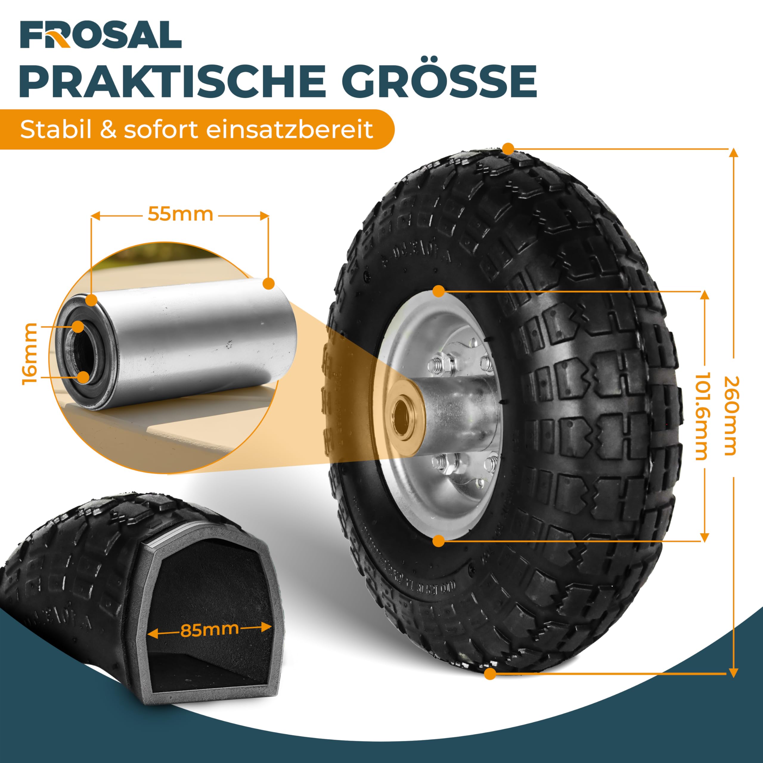 FROSAL Luftrad 260 mm 4.10/3.50-4 – Ersatzrad für Bollerwagen, Sackkarre, Transportwagen – Ø 260×85 mm – Achse Ø16 mm Nabenlänge 55 mm – Stahlfelge silber Ø120 mm – Kugellager – luftgefüllt – 2er Set