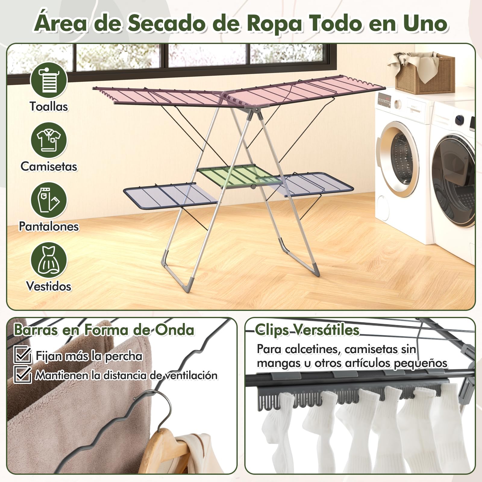 COSTWAY Tendedero de Ropa de 2 Niveles, Estante Plegable para Ropa con 33 Barras de Secado, Alas Ajustables, Clips para Calcetines, Patas de Acero Inoxidable, Uso Interior y Exterior