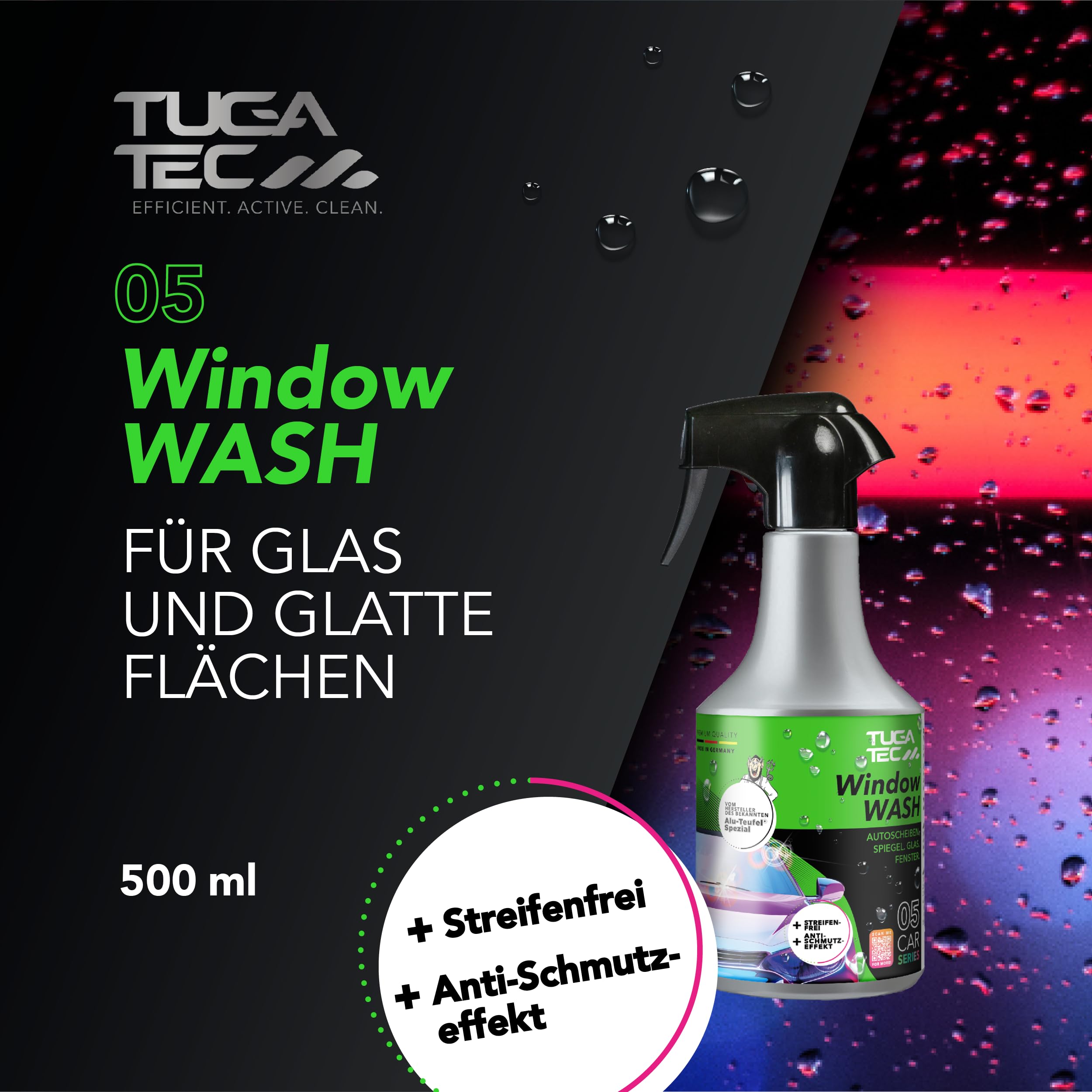 TUGA TEC Serie 5X 500 ml Profi Bundle, Felgenreiniger, Detailer, Interieur | Insektenentferner, Glasreiniger im Set mit hoher Haftwirkung, gründlich, schonend & effizient