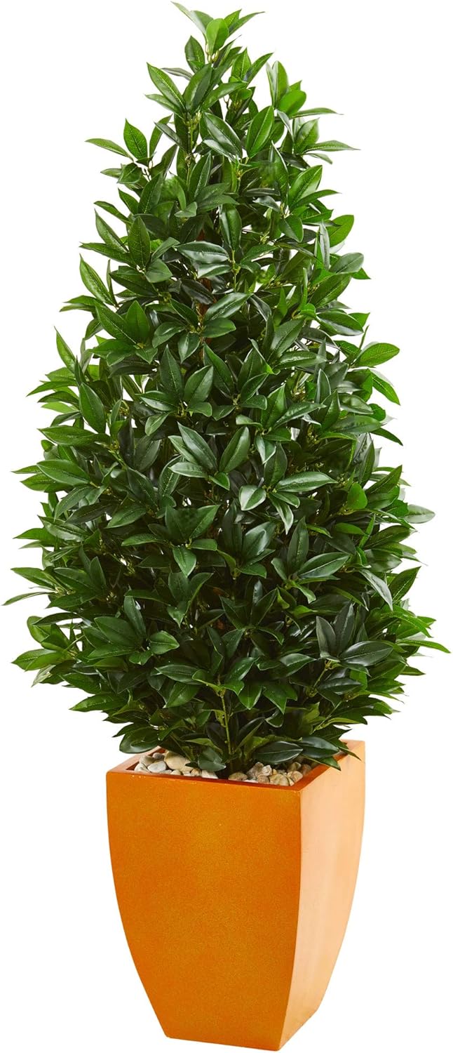 Nearly Natural 57in. Bay Leaf Artificial Topiary Tree in Orange Planter UV Resistant (Indoor/Outdoor)