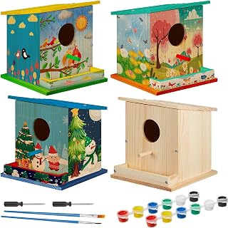 Liliful 4 Pack DIY Wooden Birdhouse Kit Outdoor Hanging DIY Birdhouse for Kids Unfinished Wooden Arts and Craft with Paints and Paintbrushes for Christmas Arts Crafts Gift