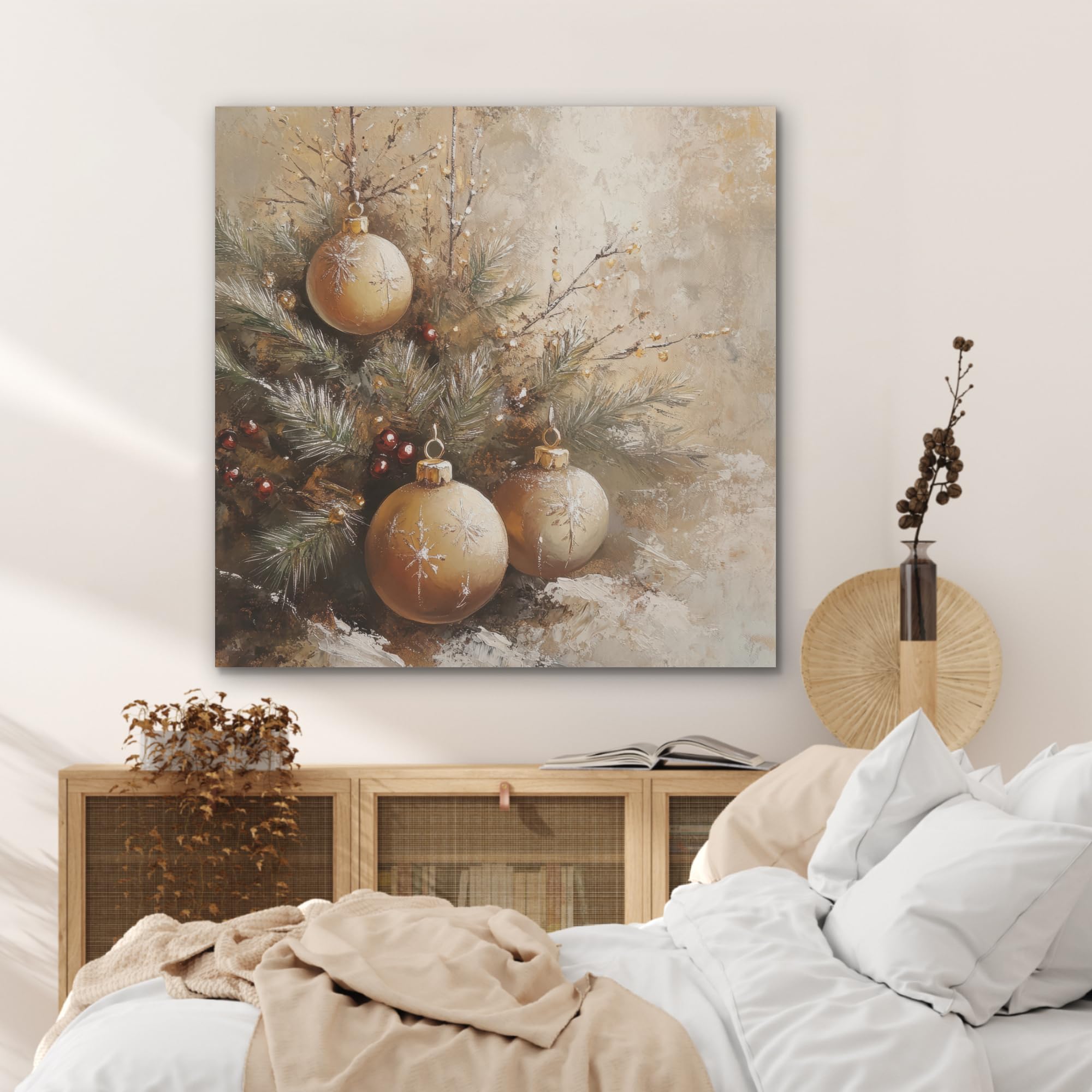 MuchoWow© Bilder aus Filz 90x90 cm Wohnzimmer Deko Modern Wandbild Kunstdruck Bild Schlafzimmer über Bett Room Decor Geschenke Weihnachten - Weihnachtskugeln - Beige - Gold