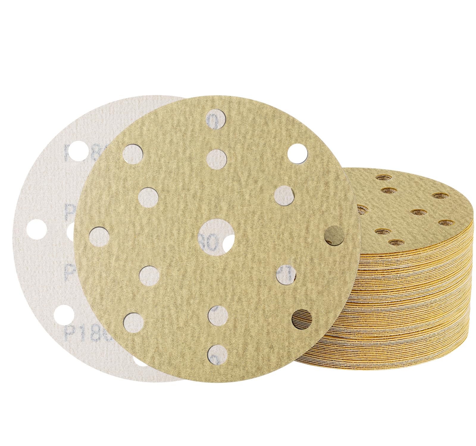 50PCS 150mm Sanding Discs 15 Hole Hook and Loop 180 Grit Golden Sandpaper for Random Orbital Sander