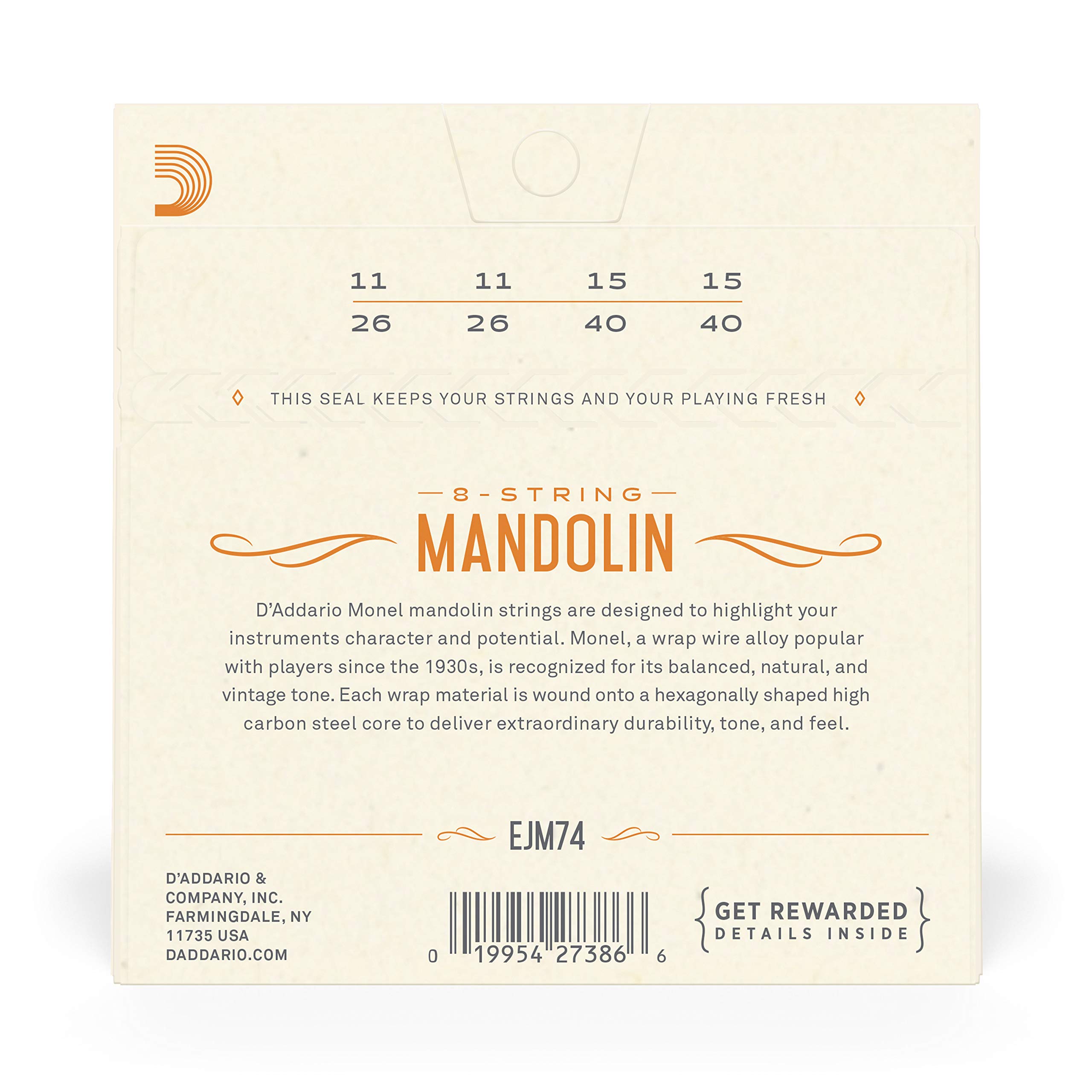 Nickel Bronze Mandolin Strings Corde Per Mandolino D'Addario EJM74 - Monel, Scalatura Media 11-40, Tono Caldo E Duraturo Monel Strings