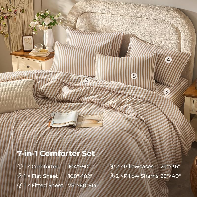 Litanika King Size Comforter Set 7 Pieces Tan White Striped image 4