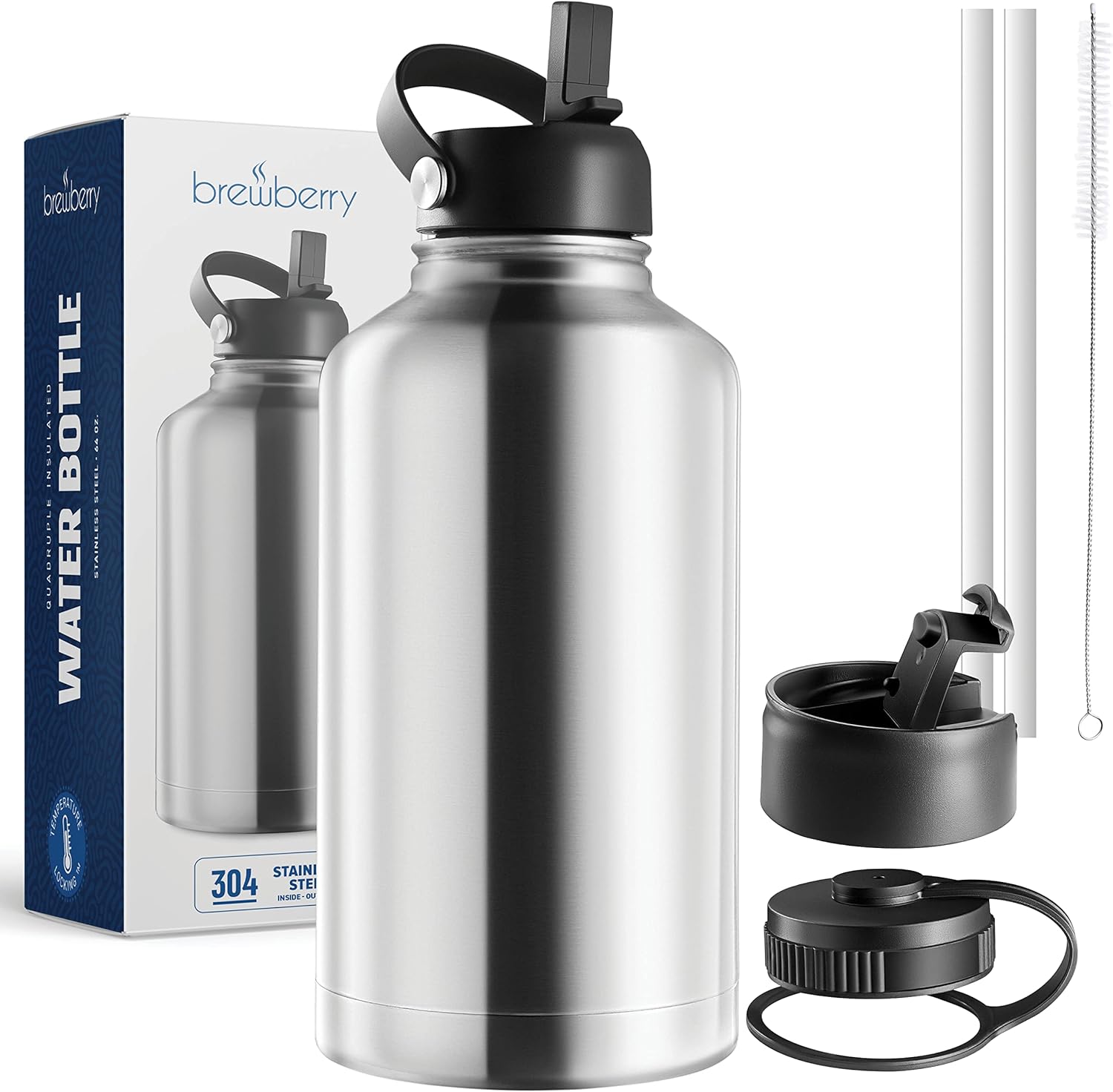Product image of 64 oz Insulated Water Bottle With Straw, Half Gallon Stainless Steel Sports Water Flask Jug with 3 Lids (Straw, Spout, and Handle Lid), Large Metal Thermal Cup Mug, Stainless Steel