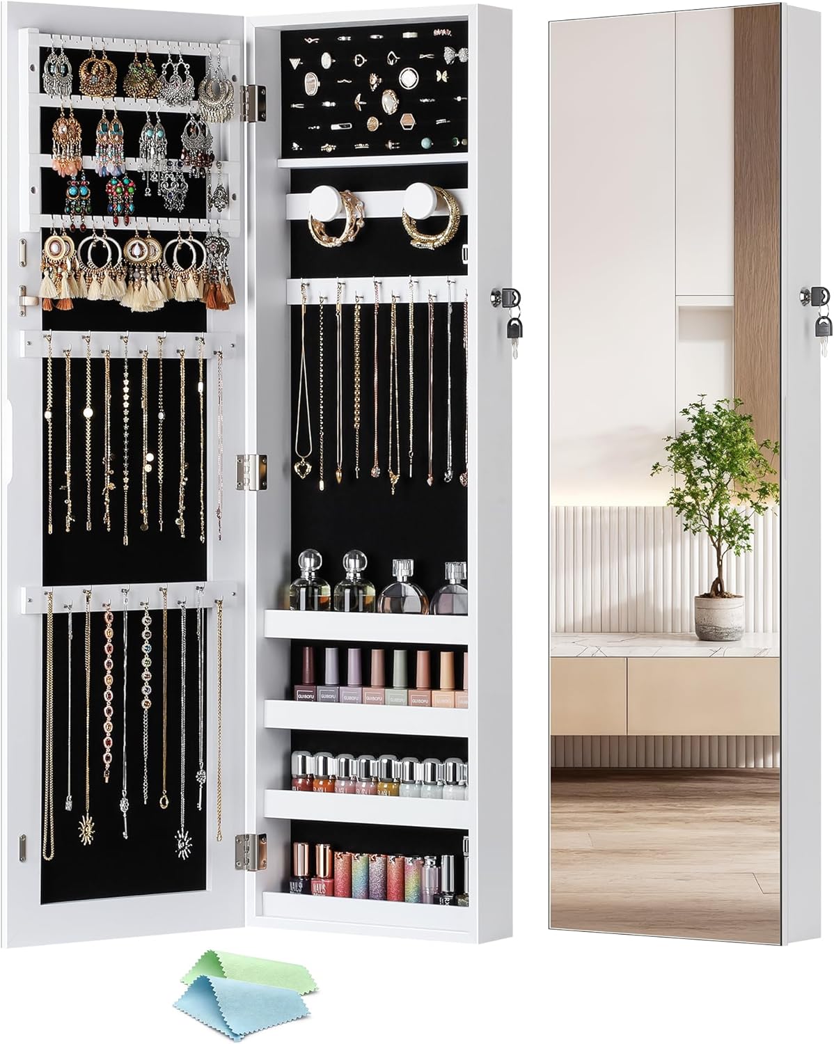 Nicetree Jewelry Cabinet Armoire, Hanging Jewelry Organizers and Storage, Lockable Jewelry Cabinet with Full-Length Mirror, Wall or Door Mount Jewelry Mirror Cabinet, Shelves, Polishing Cloth
