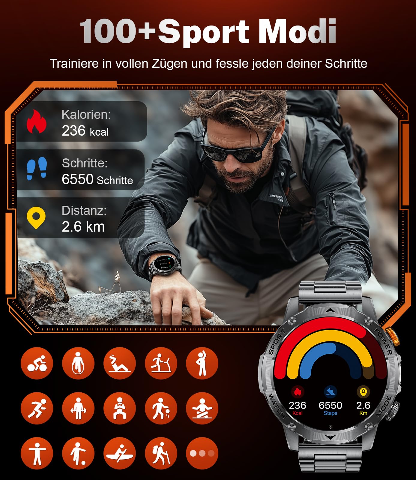 FITFLEX Smartwatch Herren, 1000mAh Akku/1.75'' HD Großes Display, Militar Smart Watch mit Bluetooth Anrufe/130+ Sportmodi/IP68 Wasserdicht Fitnessuhr mit Herzfrequenz, für Android iOS, Mattschwarz