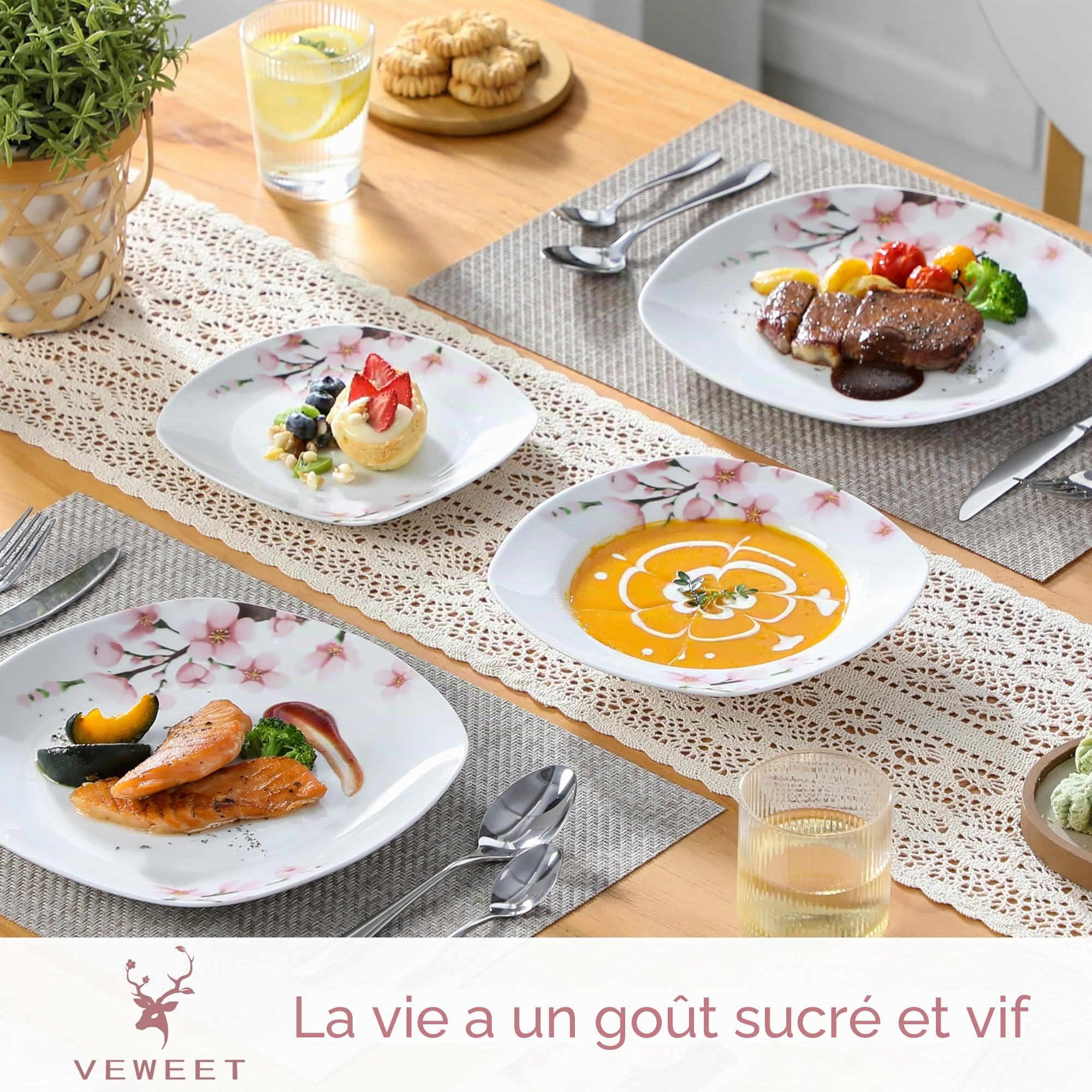 VEWEET Service de table « Annie » en porcelaine - 18 pièces - Pour 6 personnes - Avec 6 assiettes à dessert, 6 assiettes creuses et assiettes plates