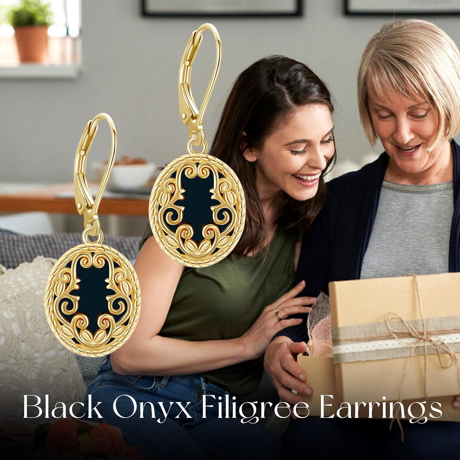 Filigree Leverback Dangle Earrings Sterling Silver Black Onyx/Abalone Shell Earrings Filigree Jewelry Gifts for Women - Image 6