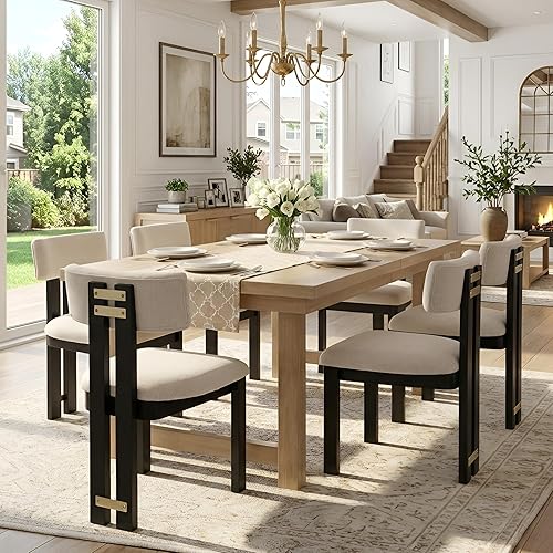 Miniatura 13 de HNY Juego de 4 sillas de comedor modernas de lino, tapizadas de tela beige, con marco de madera natural y respaldo curvado, sillas de madera sin