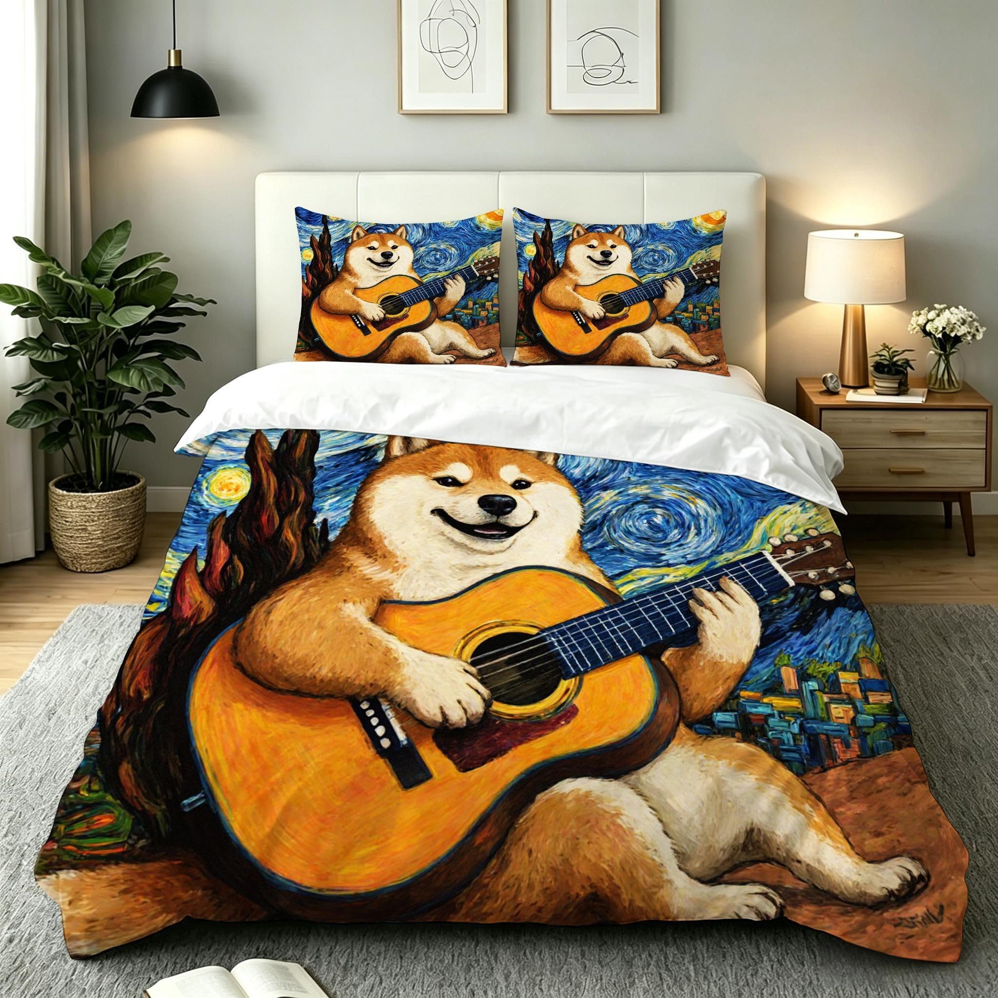 Housse de Couette 220x240 Chien-Guitare avec 2 Taies d'Oreillers pour Lit 2 Personnes