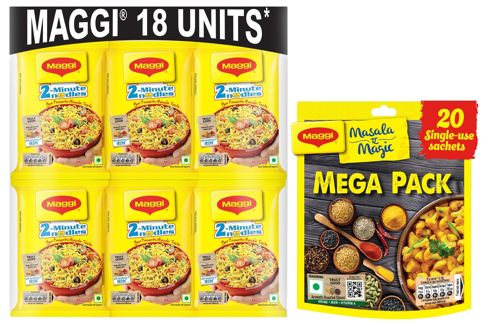 MAGGI 2-minute Instant Noodles, 1.2kg (18 pouches x 70g each) + Maggi Masala-Ae-Magic,120 g (20 Sachets)