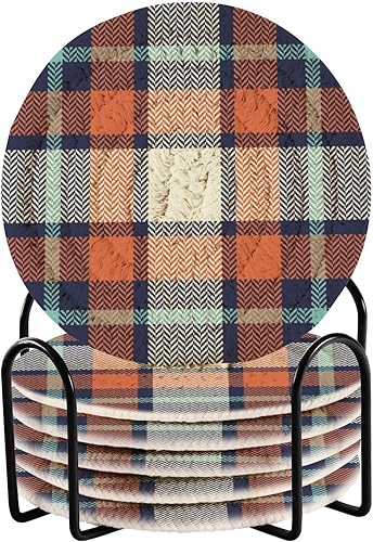 Drink Coasters Set Set with Holder 6 Pack Coasters for Drinks Minimalist Coasters Porta Vasos para Mesas Scottish Tartan Plaid Pattern
