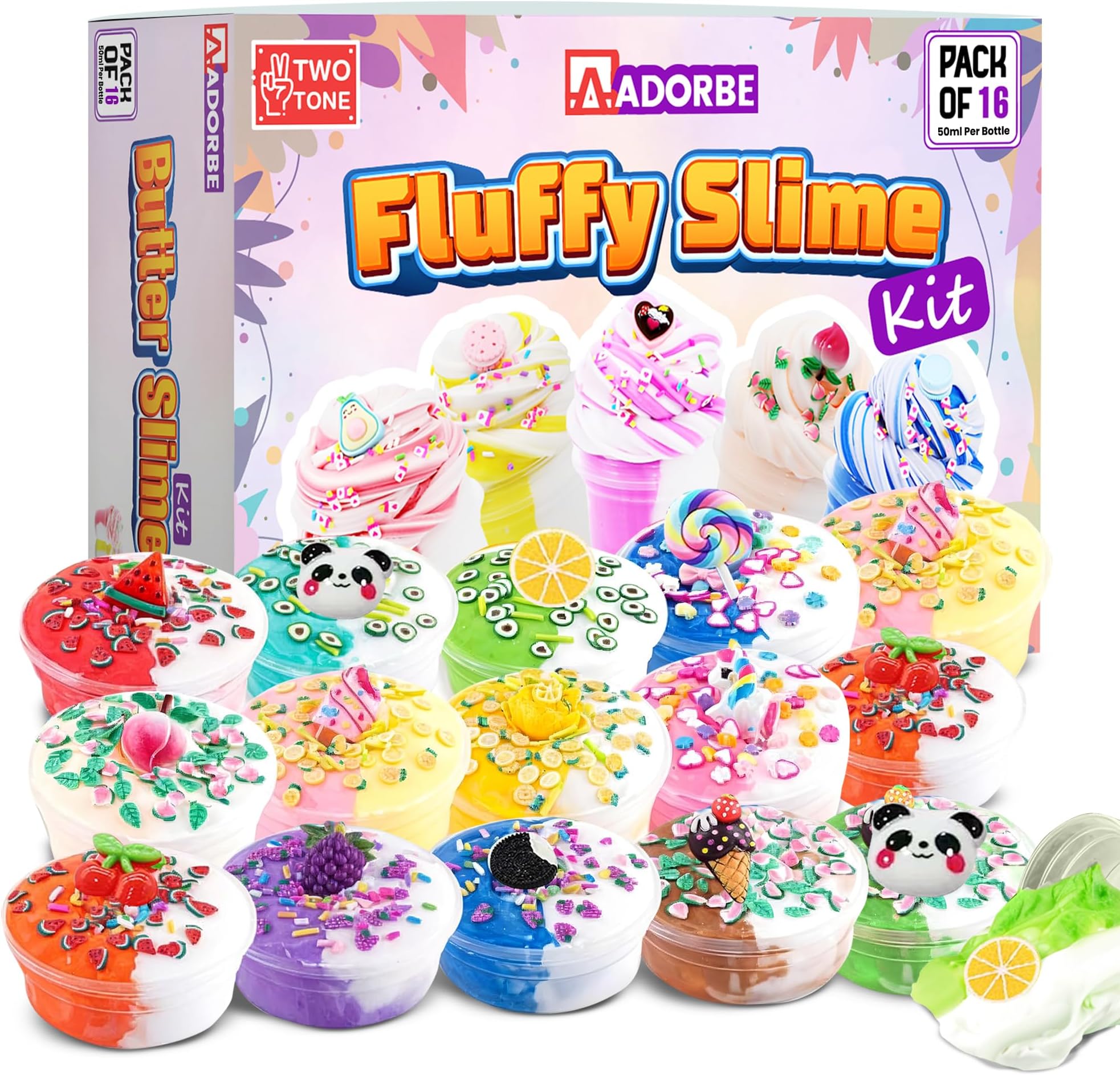 Butter Slime Kit, Two-Tone Ice Cream DIY Slime for Girls and Boys, Slime kit for kids Soft & Non-Stick Stress Relief Toy, Kids Education Party Favor & Great Gift Idea (Pack of 16)