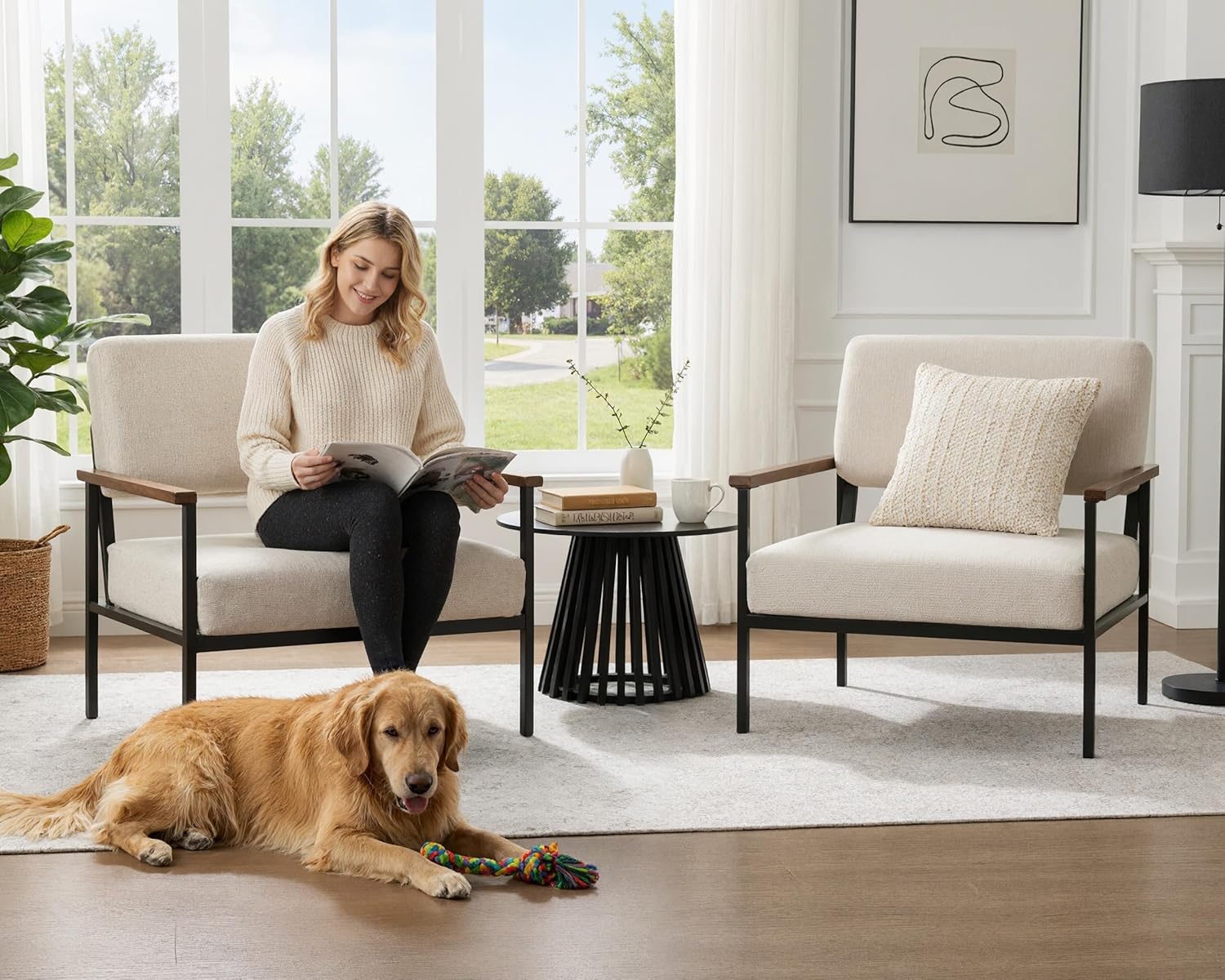 Mid Century Modern Beige Accent Chairs Set of 2, Comfy Arm Chairs with Black Metal Frame Soft Linen Fabric Upholstered Armchairs Living Room Chairs Lounge Chairs Reading Chairs for Bedroom/Office