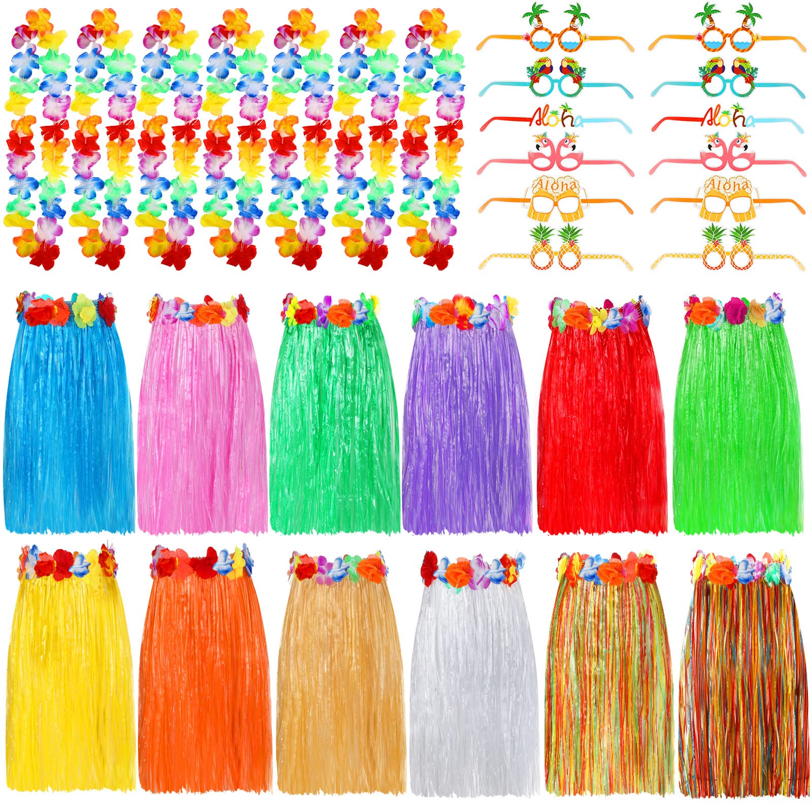 ZhanmaiZhanmai 36 Packs Christmas Hawaiian Costume Set Hula Skirts Tropical Grass Skirt Necklace Paper Glasses for Summer Luau Party Favors(Colorful)