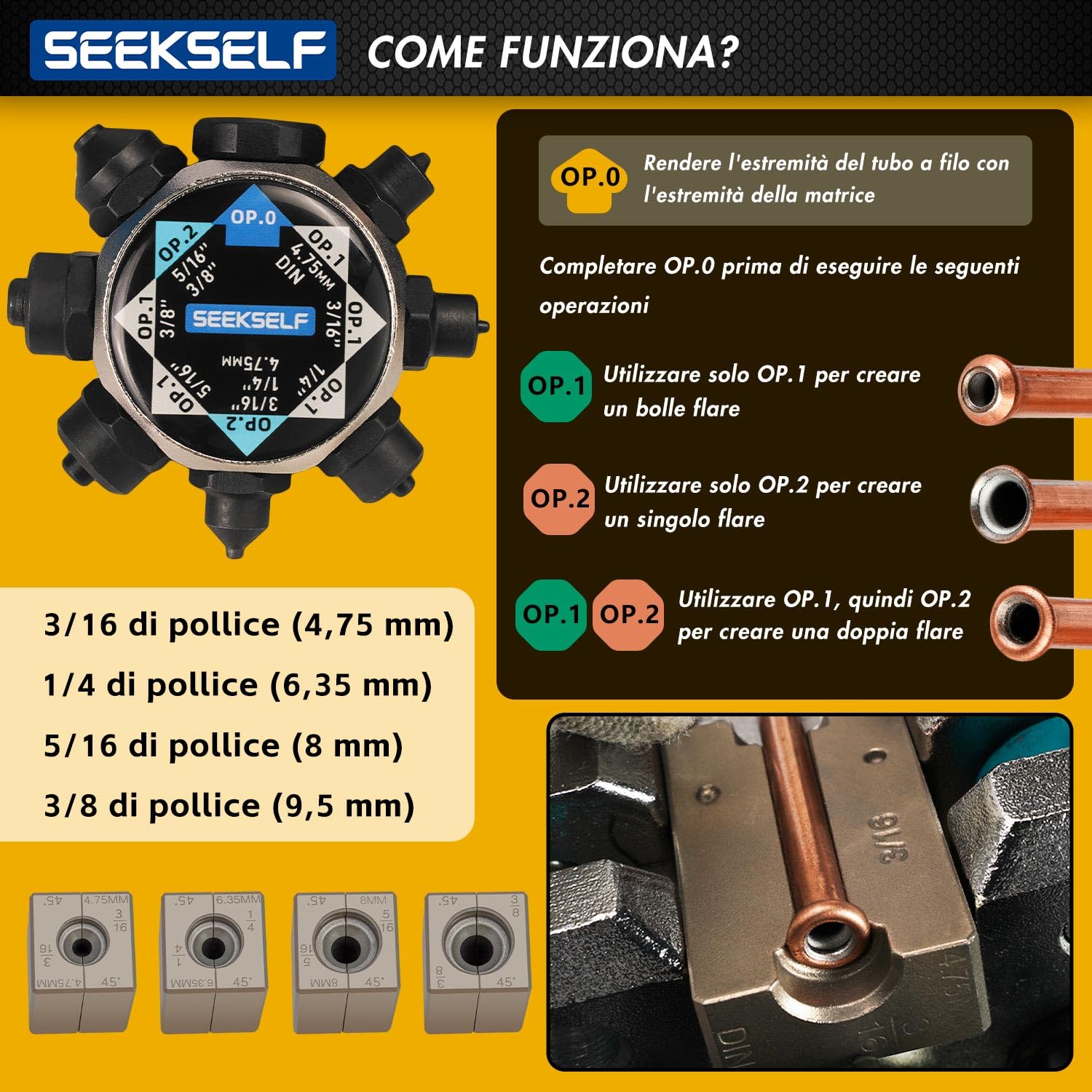 Strumento di Svasatura Tubi dei Freno Kit per Svasature Singole, Doppie e a Bolle da 45°, per Tubi Metallici in Acciaio e Rame da 3/16", 1/4", 5/16", 3/8" e 4,75 mm