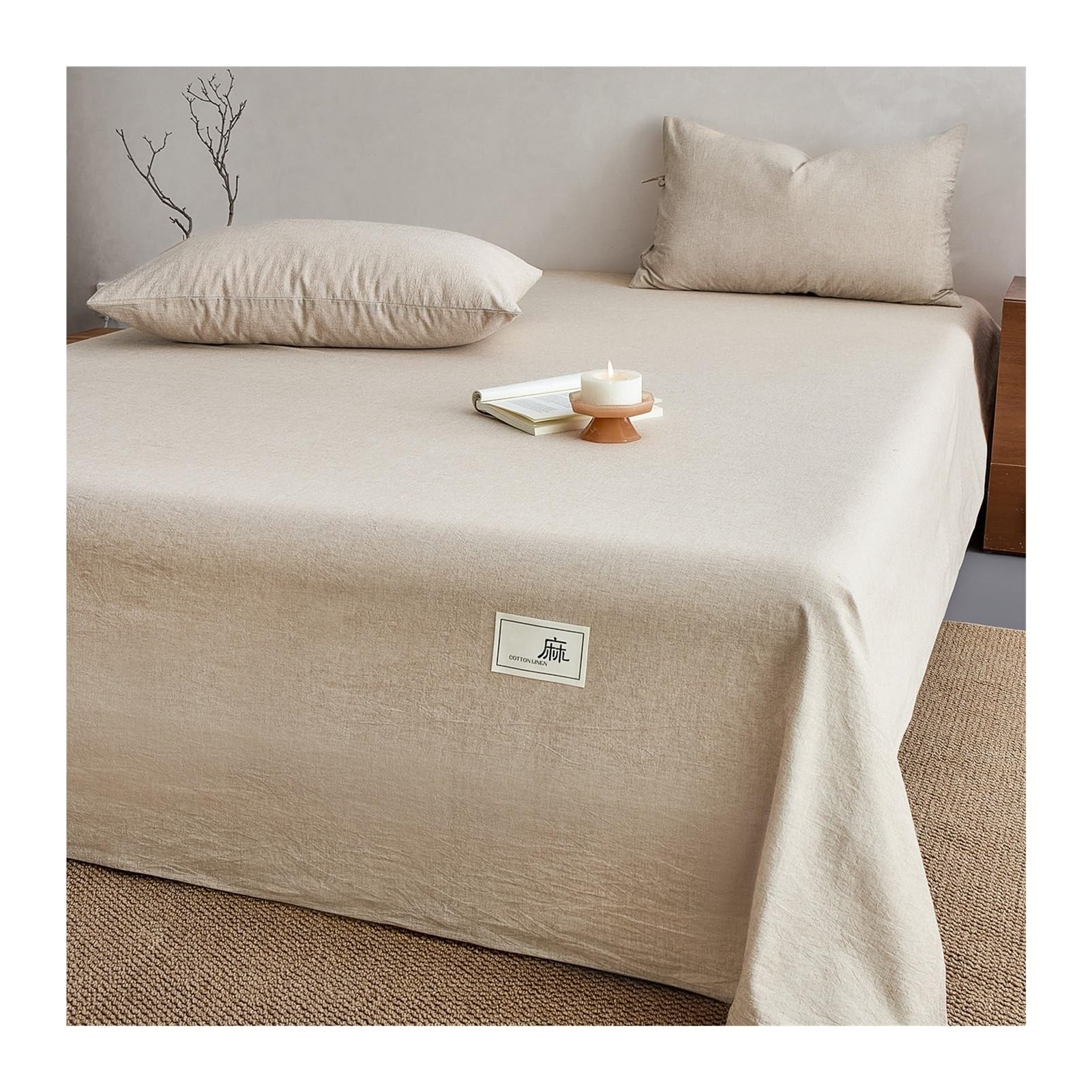 GBHMJU 100% Cotton Linen Flat Sheet A Class Soft Top Sheet for Sensitive Skin(Beige,230x250cm+48x74cm x2)