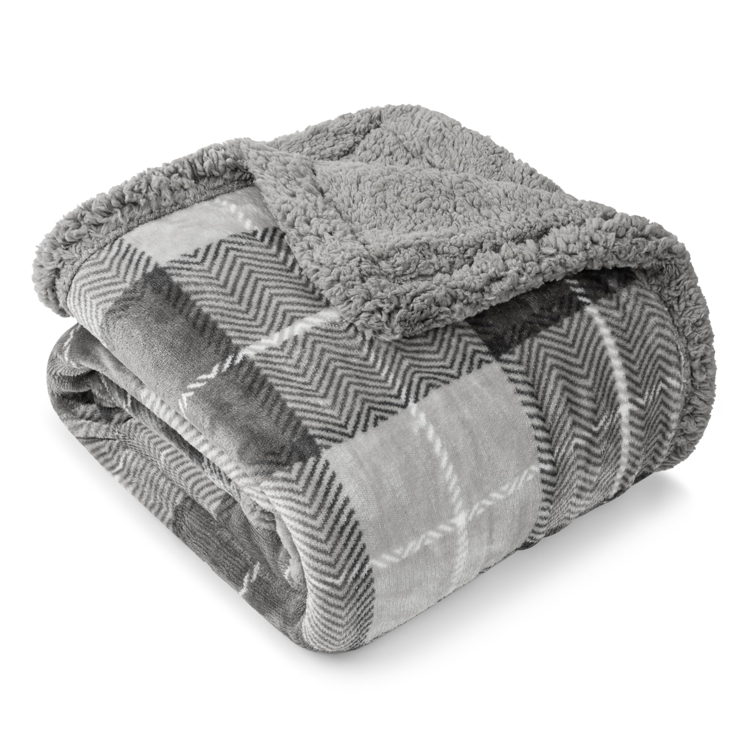 Pavilion Light Grey Plaid Sherpa Throw Blanket for Couch Twin, Plush Flannel Fleece Throws, Soft Fuzzy Cabin Blanket for Sofa Bed, Warm Cozy Winter Gift, 60x80
