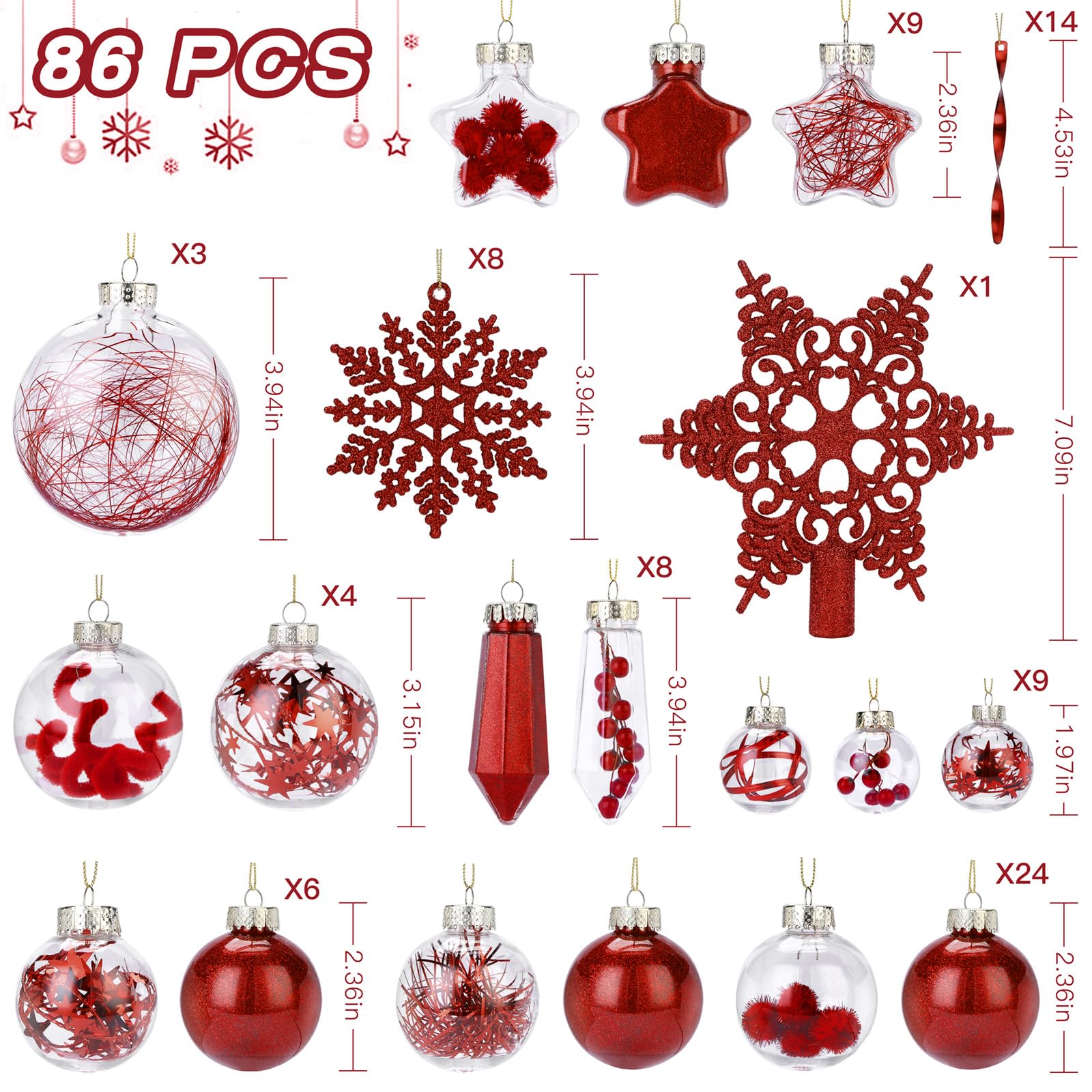 SHareconn 86PCS Christmas Balls Ornaments Set,Shatterproof Plastic Clear Decorative Baubles for Xmas Tree Decor Holiday Wedding Party Decoration, Red