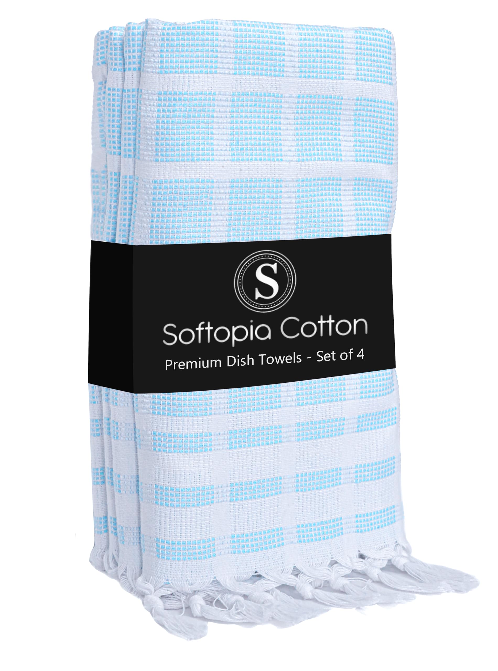 Matrix Dobby Kitchen Towels 4 Pack, 100% Cotton, 16x26 Inches, Handmade Knotted Tassel Tea Towels, Reusable &amp; Absorbent Wash Rags for Drying and Cleaning - Aqua Blue, White