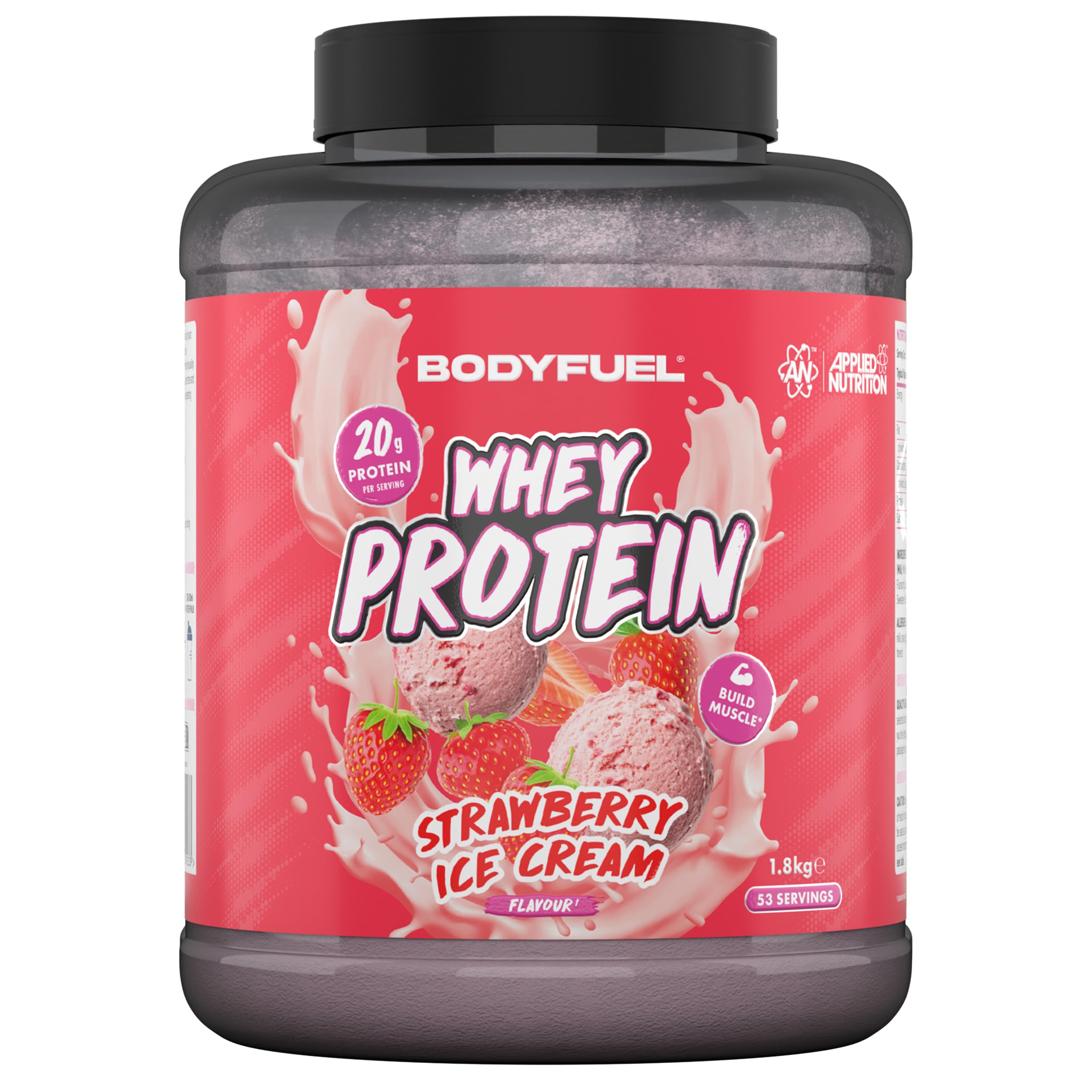 Bodyfuel Whey Protein Powder - 20g Protein for Muscle Recovery & Weight Management - Low-Calorie, Keto-Friendly - (1.8kg - 53 Servings) (Strawberry Ice Cream)