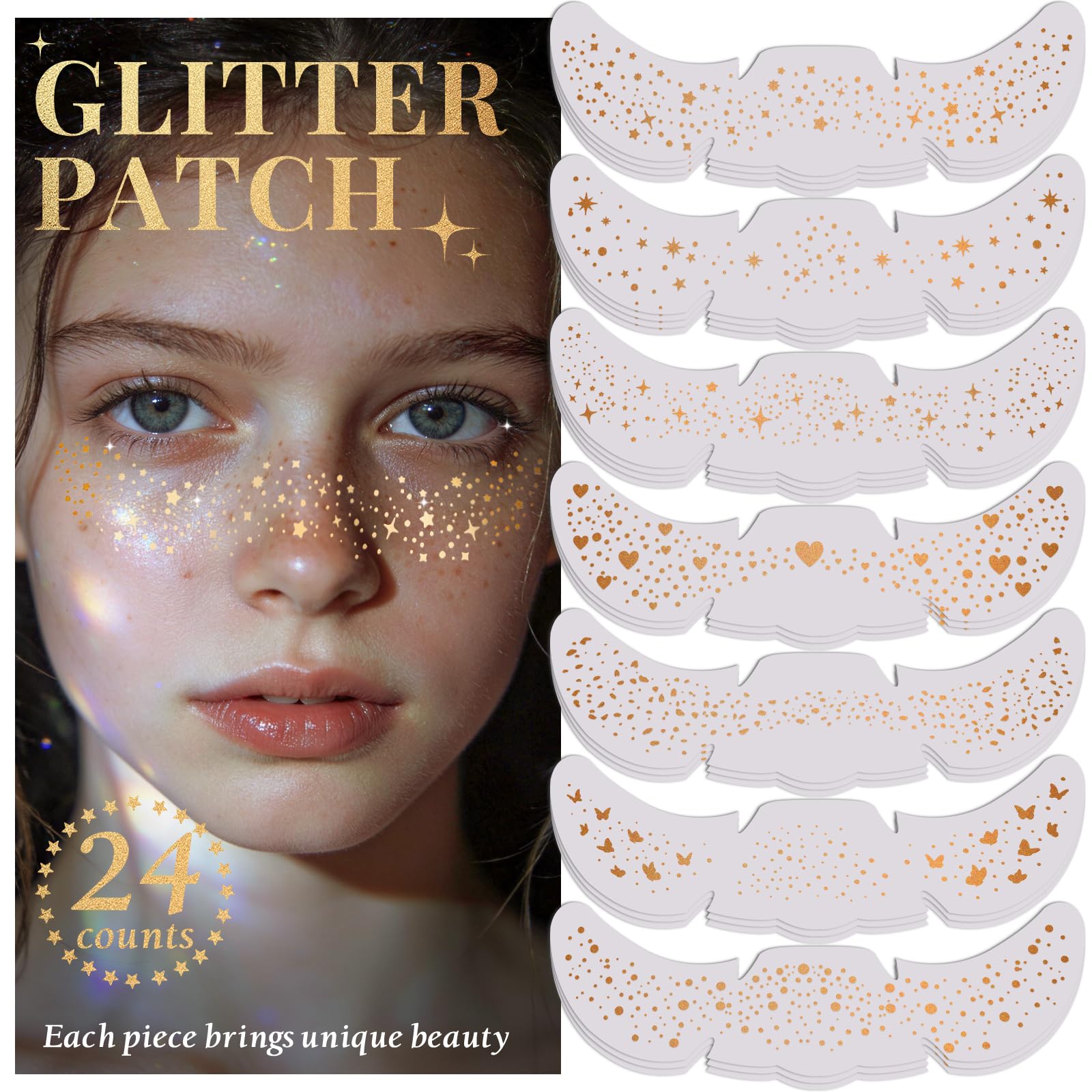 24pcs Glitter Freckles Makeup Patches-Gold-Face Speckle, Sparkle Speckles Patches for Women, Cute Golden Fake Freckles, Glitter Freckle Face Tattoo, Accessories for Musical Festival