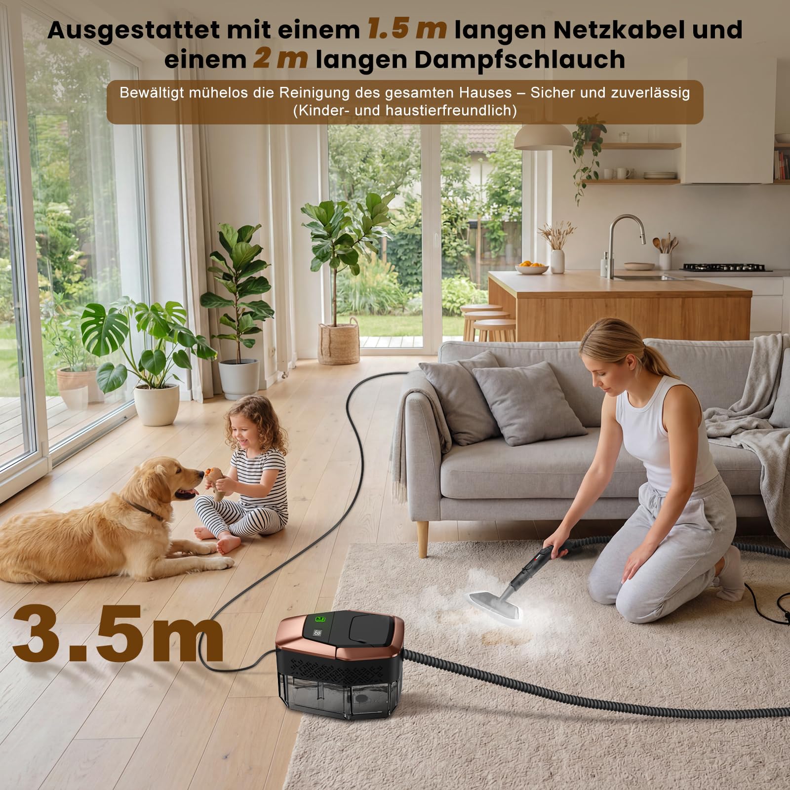 14 en 1 Nettoyeur Vapeur, 3 Niveaux Poignée Réglable, Affichage Température, 15s en Chauffe,1,8L Réservoir, pour Cuisine, Salle de Bain, Voiture et Meubles (Noir et Or)